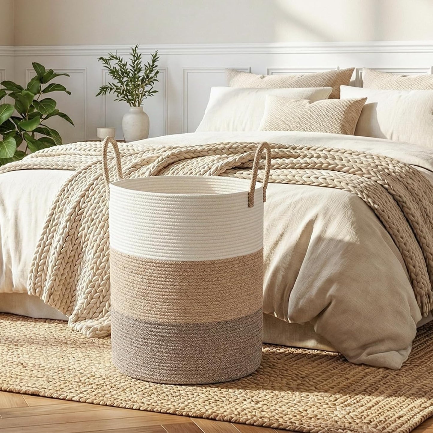 Cotton Rope Woven Basket for Blankets / Gradient Brown / 60L