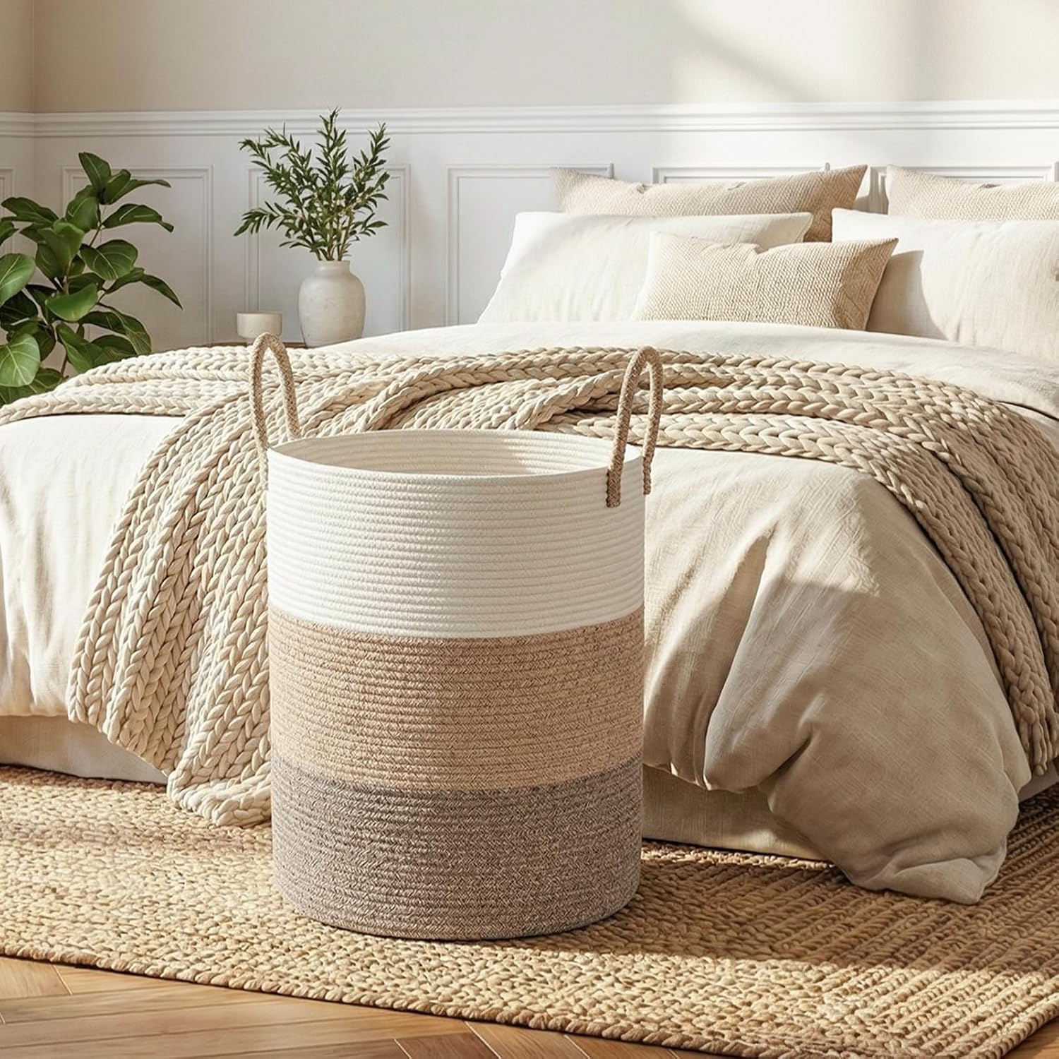 Cotton Rope Woven Basket for Blankets / Gradient Brown / 60L