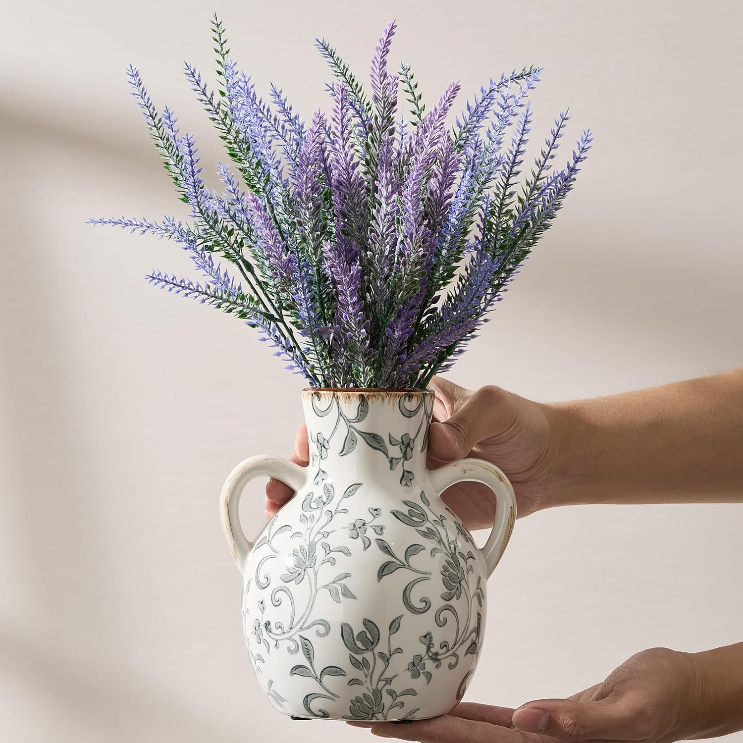 Ceramic Vintage Pastoral Vase / 18785-gray Floral / 7 Inch