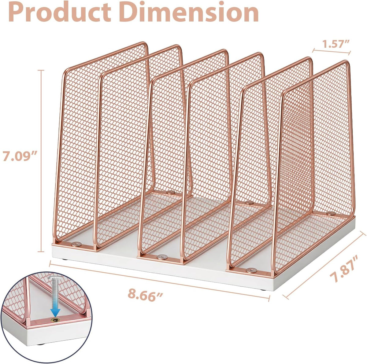 LEKETREE Rose Gold Desk File Organizer, 5-Section Upright File Sorter, Vertical File Folder Holder, Mesh Metal Wood