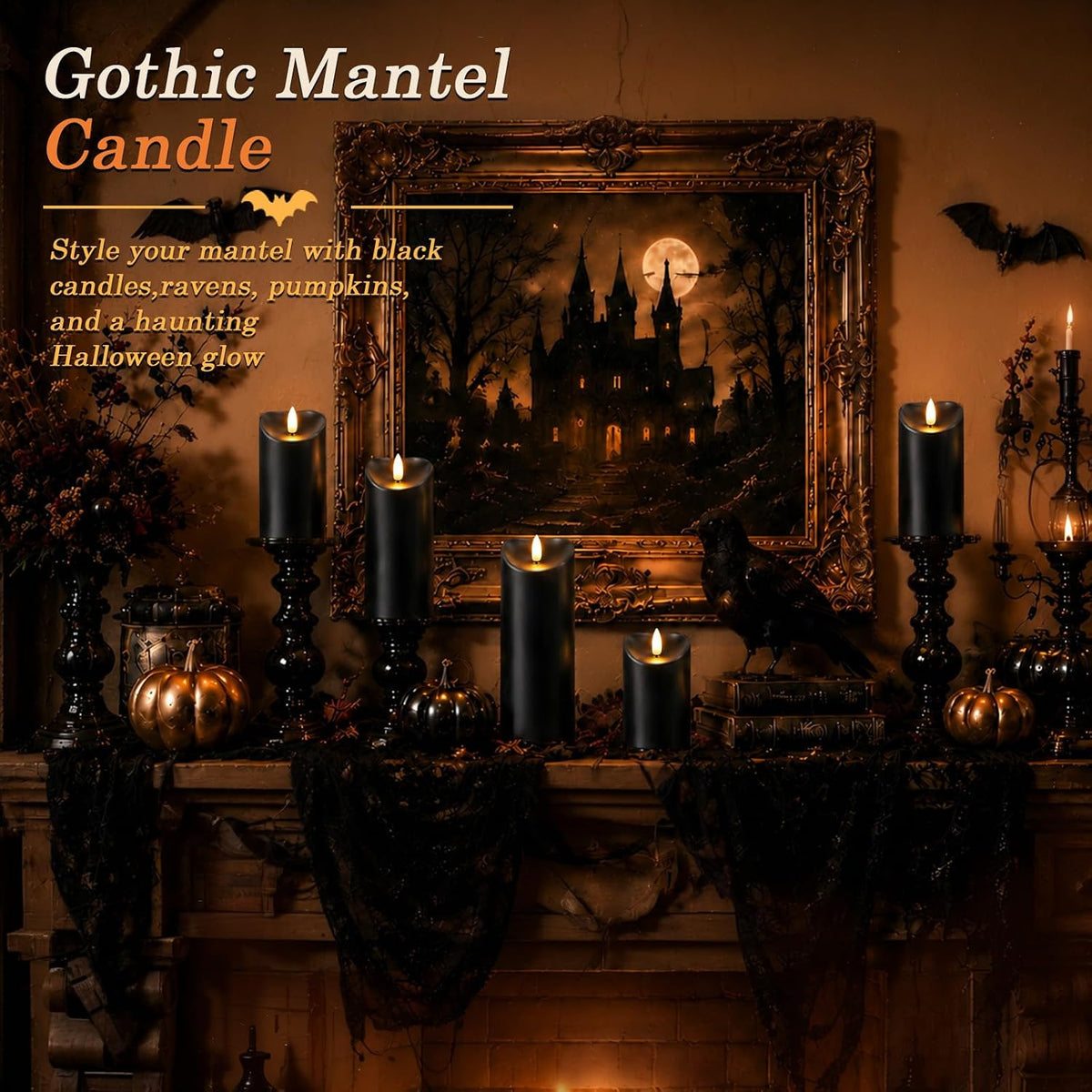 Homemory Halloween Black Waterproof LED Candles with Remote Timer, Set of 6 | Flameless candles