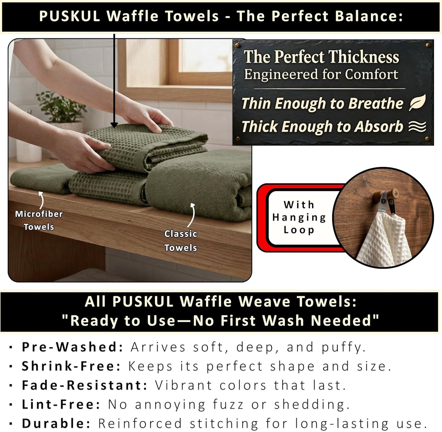 PÜSKÜL Natural 100% Turkish Cotton Waffle Bath Towels Set of 2, Extra-Large | Khaki Green, Oversize 32x63" Bath sheet