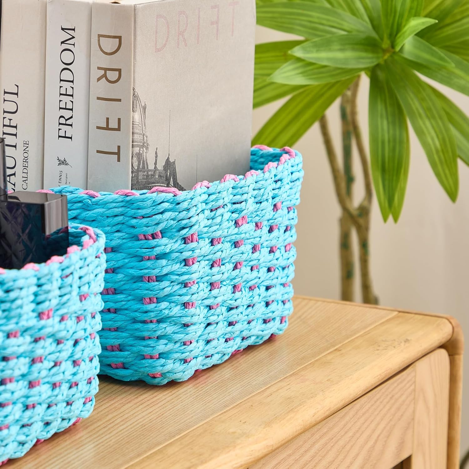 Woven Storage Baskets Set / Blue & Pink / Set of 4