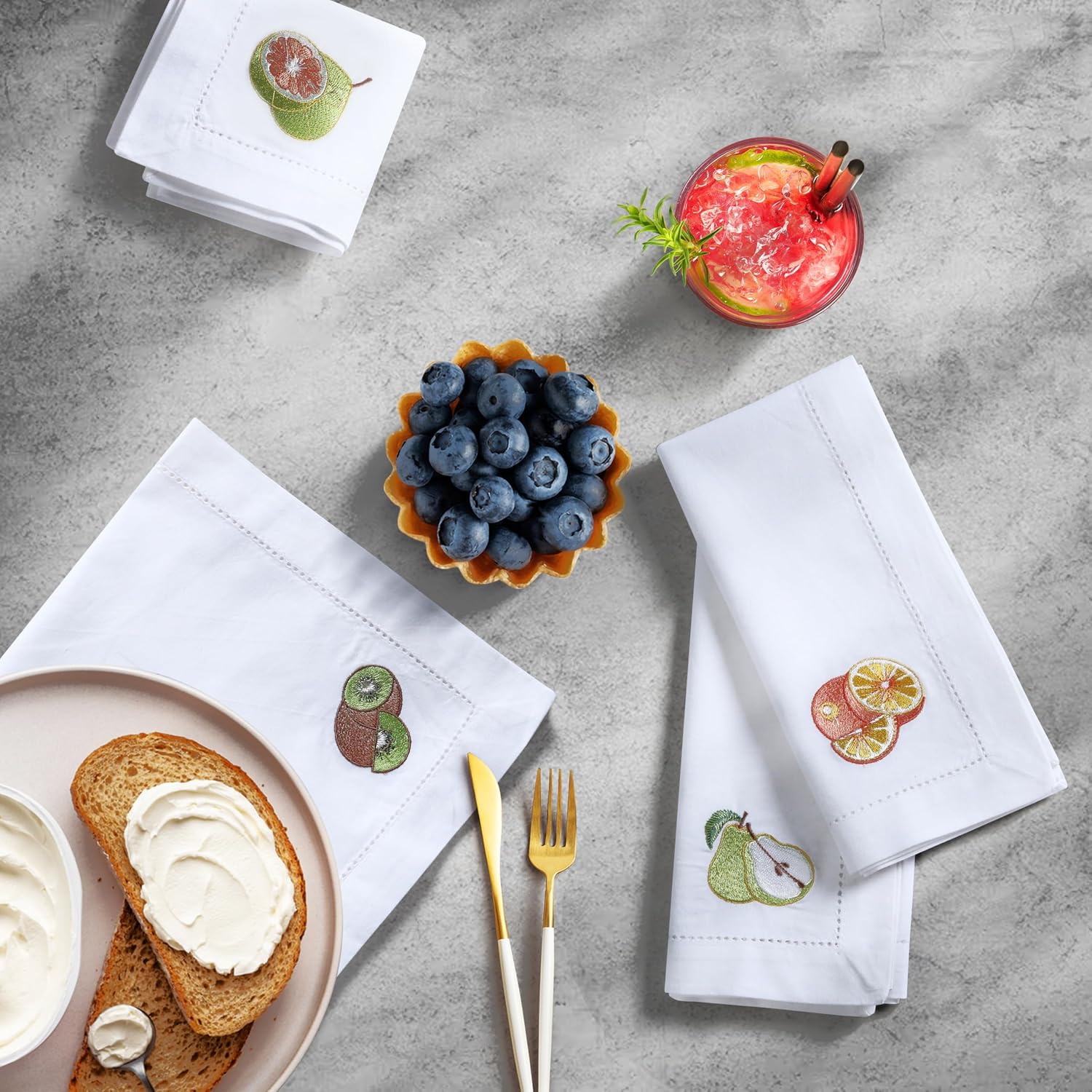 Cotton Dinner Napkins Set of 12, 18x18 White Embroidered Hemstitched Cloth