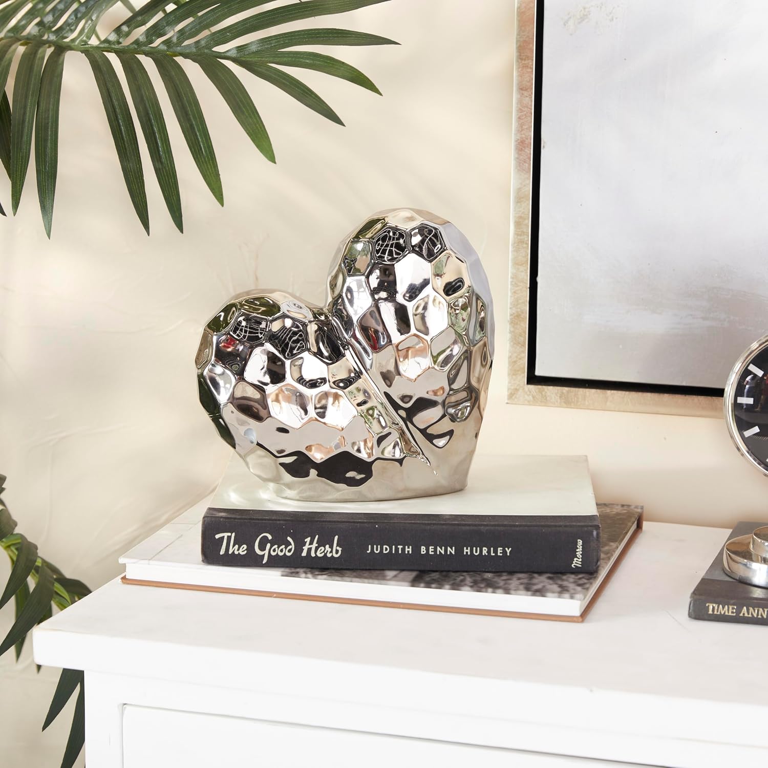 Porcelain Ceramic Heart Decorative Sculpture Dimensional Angled Origami / Silver / 8 x 3 x 8