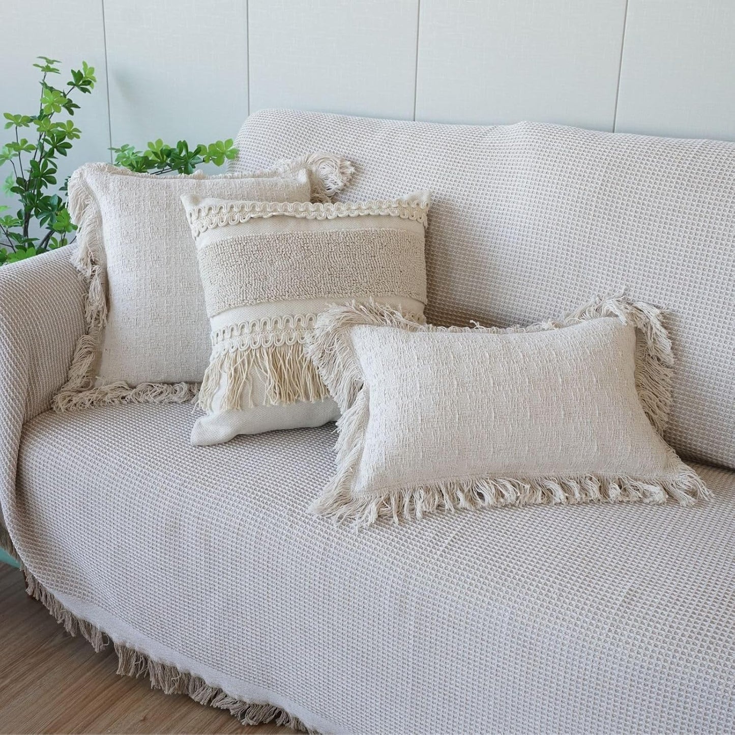 Boho Throw Pillow Cover Tassels Textured Striped Bed / 18 x 18 / Throw Pillow Covers / Pattern A