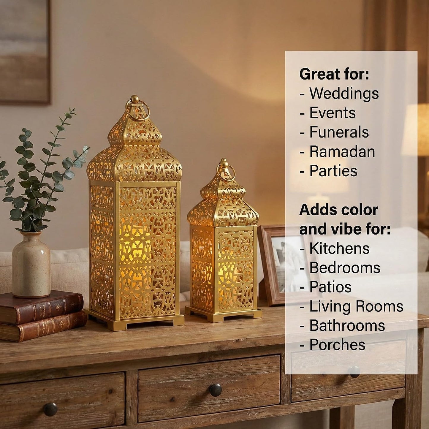 Vela Lanterns Decorative Indoor Moroccan Candle Holders, Gold, Set of 2 | Ramadan, Eid & Islamic Home Decor, Large