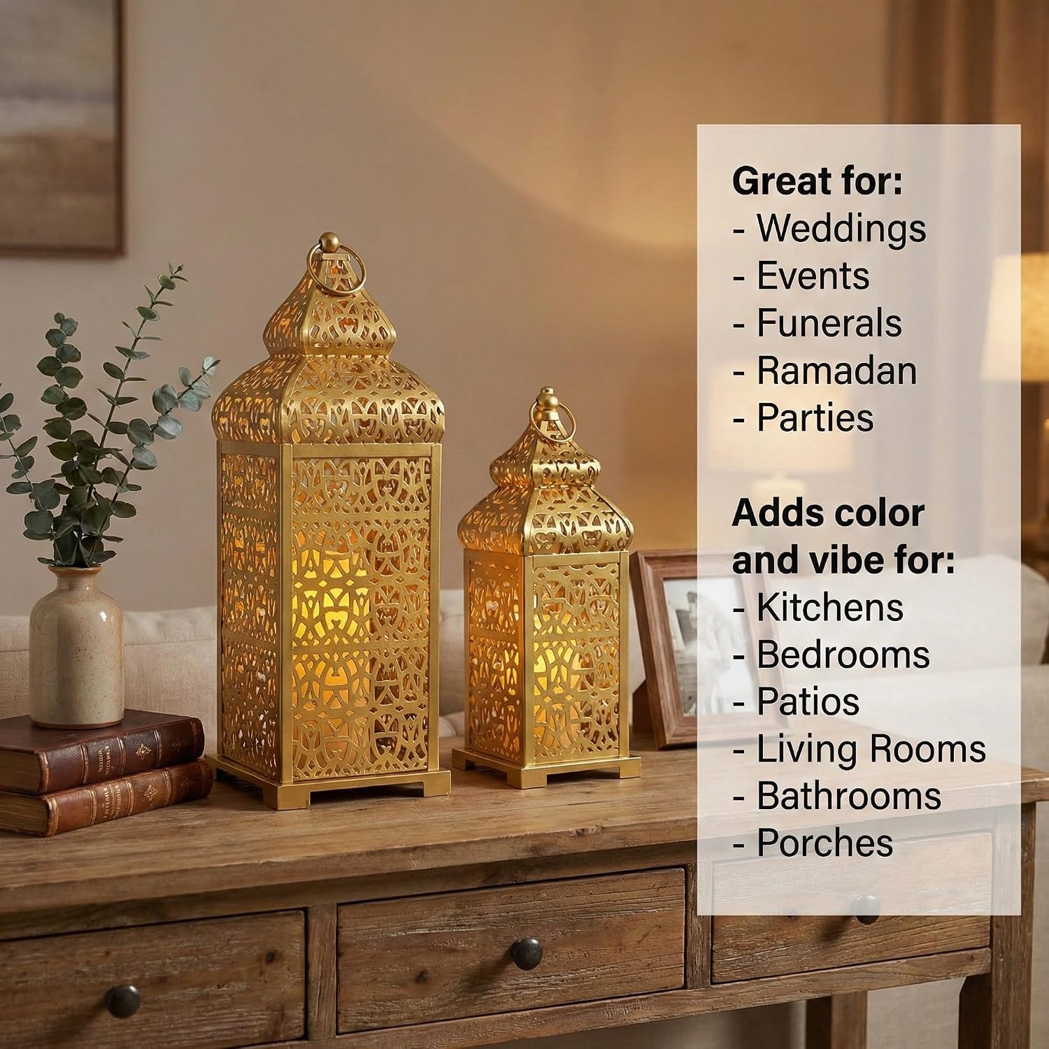 Vela Lanterns Decorative Indoor Moroccan Candle Holders, Gold, Set of 2 | Ramadan, Eid & Islamic Home Decor, Large