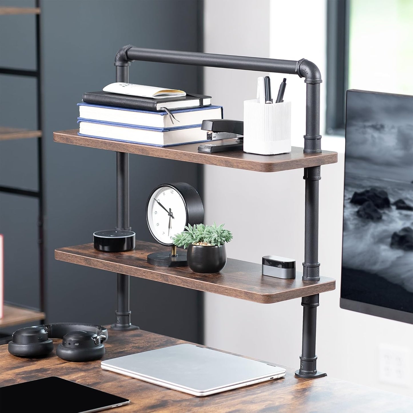 VIVO Clamp-on Premium 24 inch Industrial Pipe 2-Tier Tabletop Shelving, Heavy Duty Desk Extension Organizer, Modern