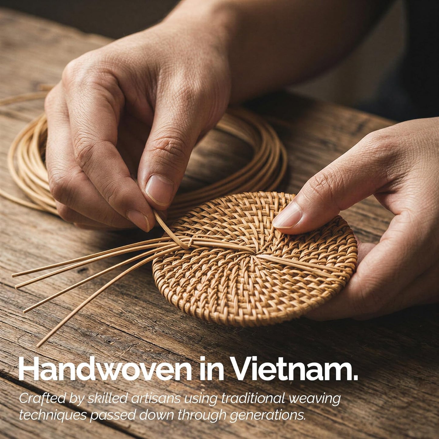 Handmade Rattan Coasters for Drinks & Holder • Natural Round Woven / Natural Honey / Set of 6
