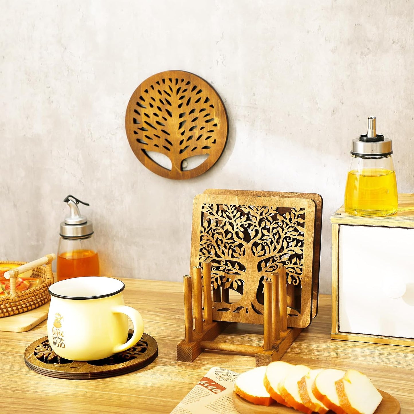 Beeveer 5 Pcs Life Tree Wooden Trivets with Storage Rack Hot Pads Trivets for Hot Dishes Pots and Pans Heat Resistant