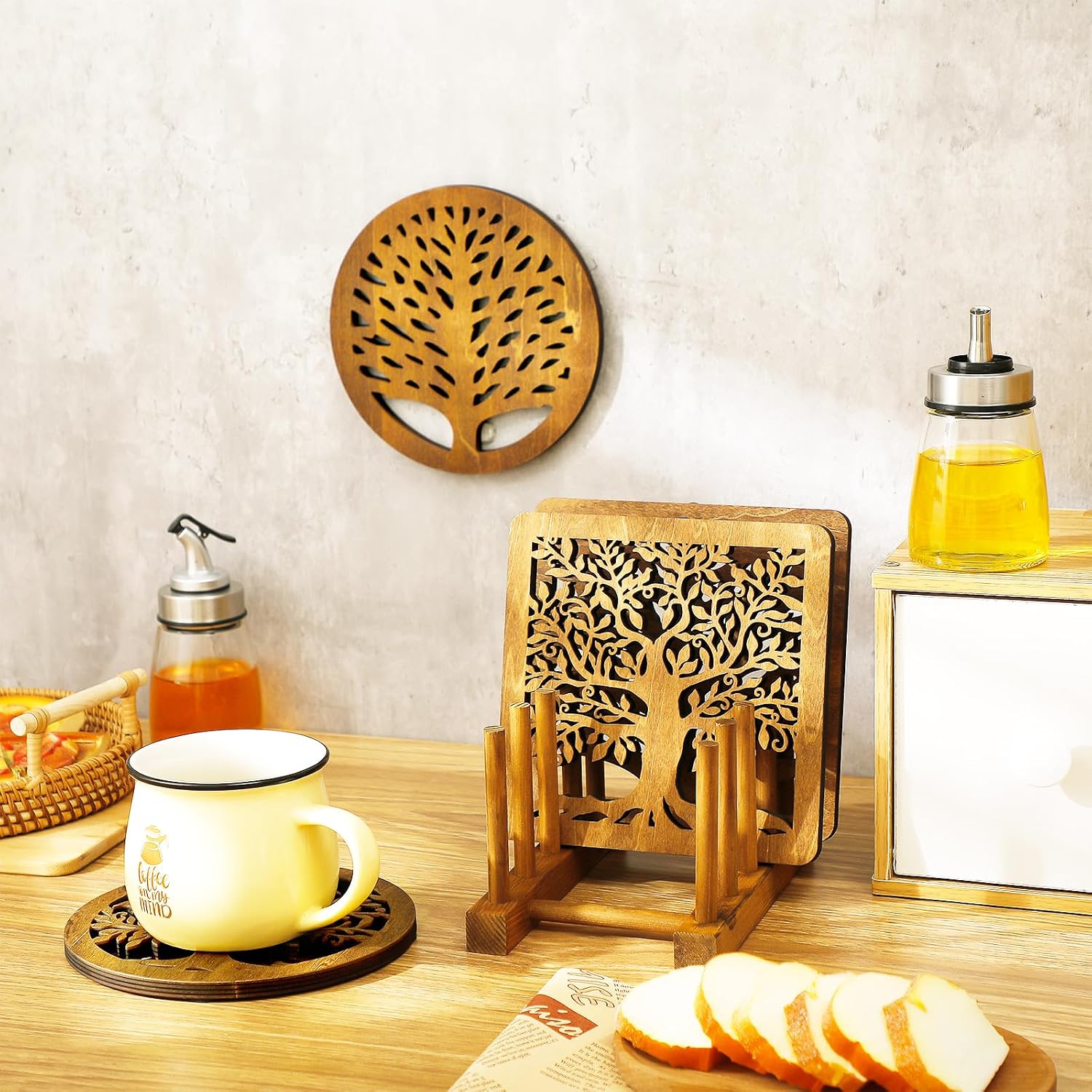 Beeveer 5 Pcs Life Tree Wooden Trivets with Storage Rack Hot Pads Trivets for Hot Dishes Pots and Pans Heat Resistant