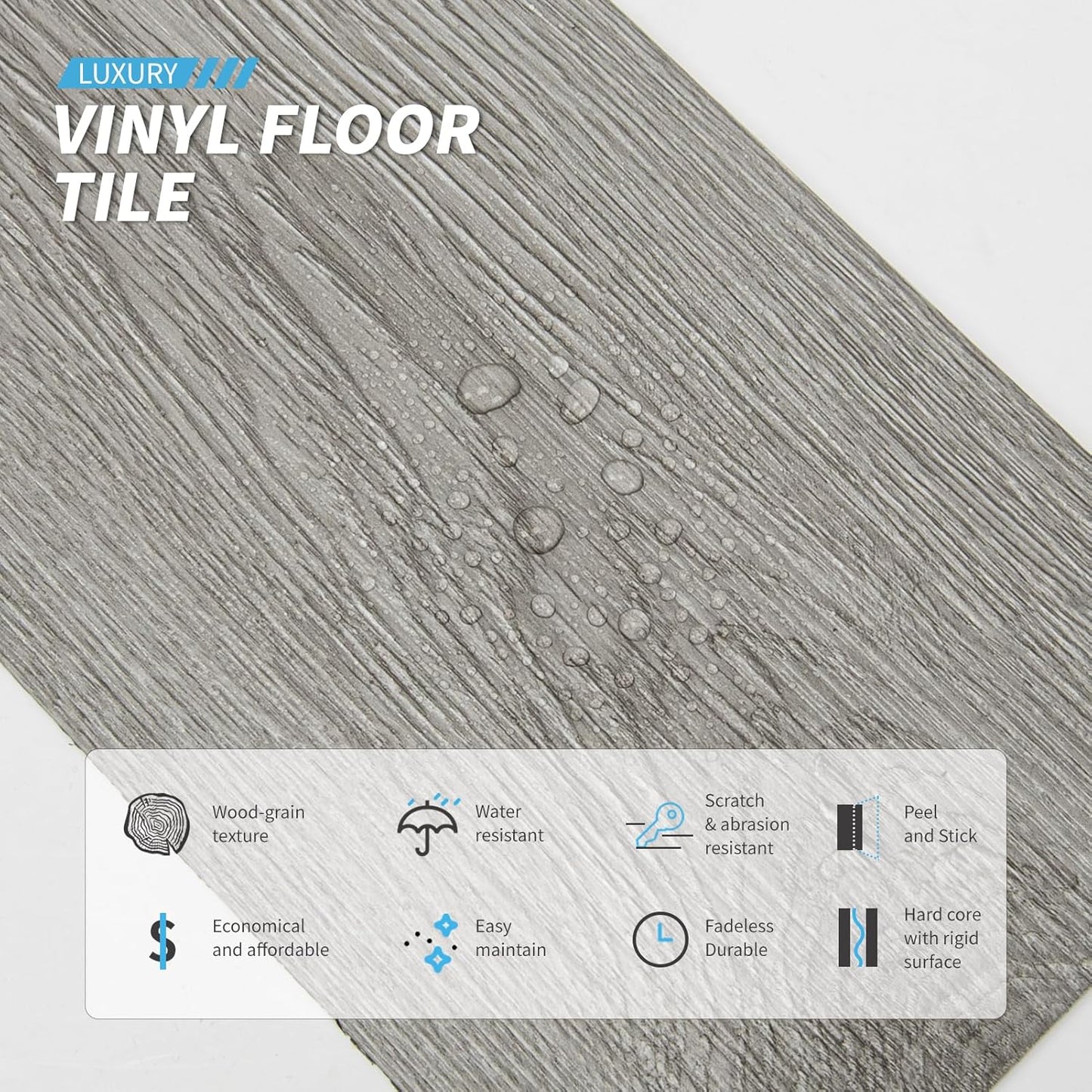 Peel and Stick Floor Tile Vinyl Wood Plank 54 Sq.Ft / 36 x 6 x 0.1 / Deep Grey / Set of 36