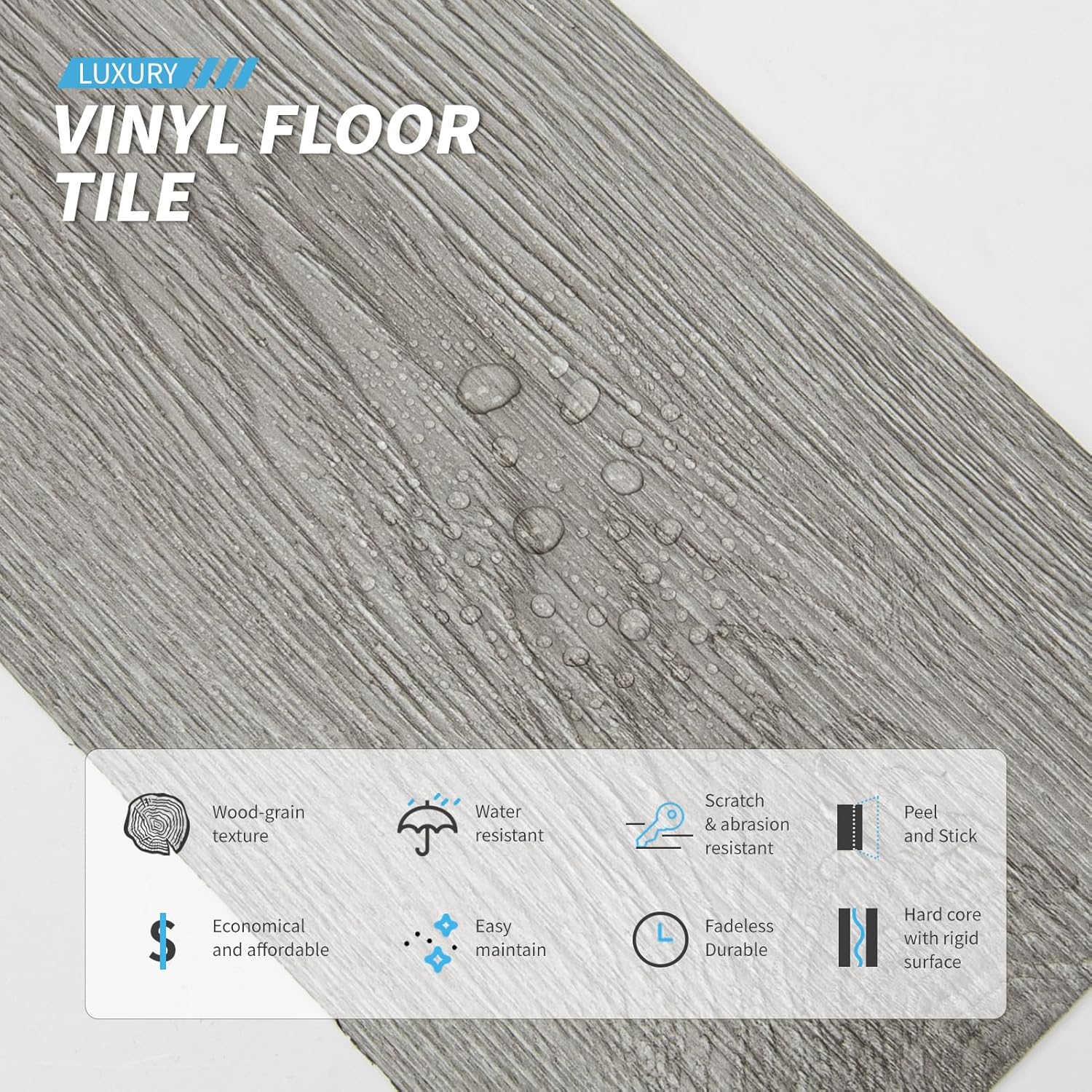 Peel and Stick Floor Tile Vinyl Wood Plank 54 Sq.Ft / 36 x 6 x 0.1 / Deep Grey / Set of 36