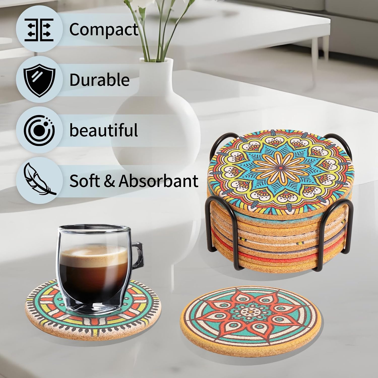 Holder / Round Boho Coasters for Drinks / Mandala Coasters4 / Set of 8