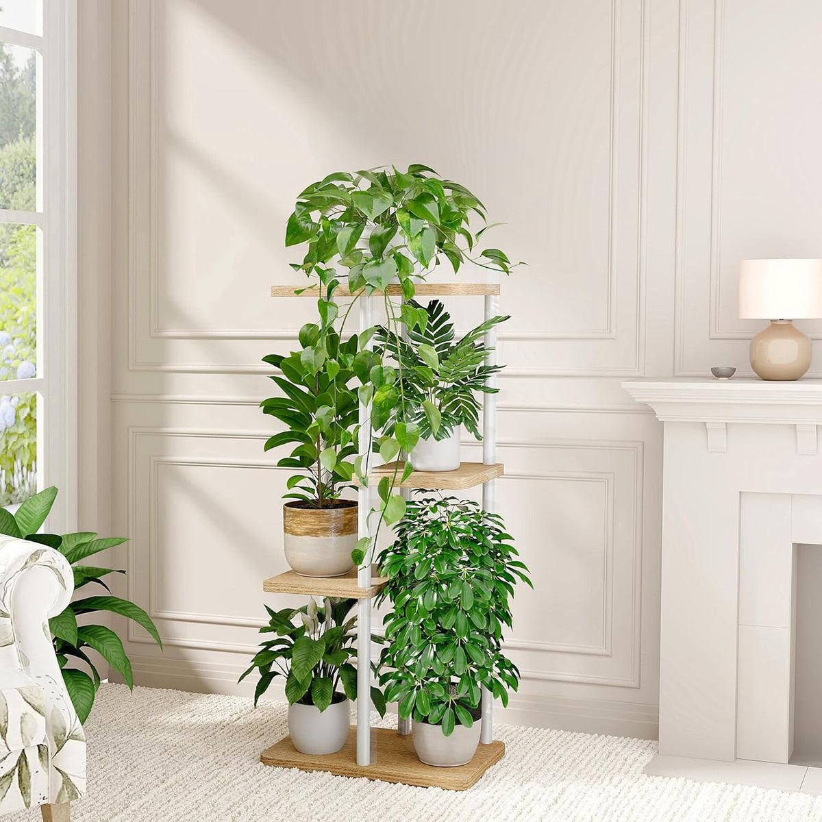Bamworld Plant Stand 4 Tier Corner Metal Shelf White | Tiered shelf displays multiple plants in living rooms, bedrooms