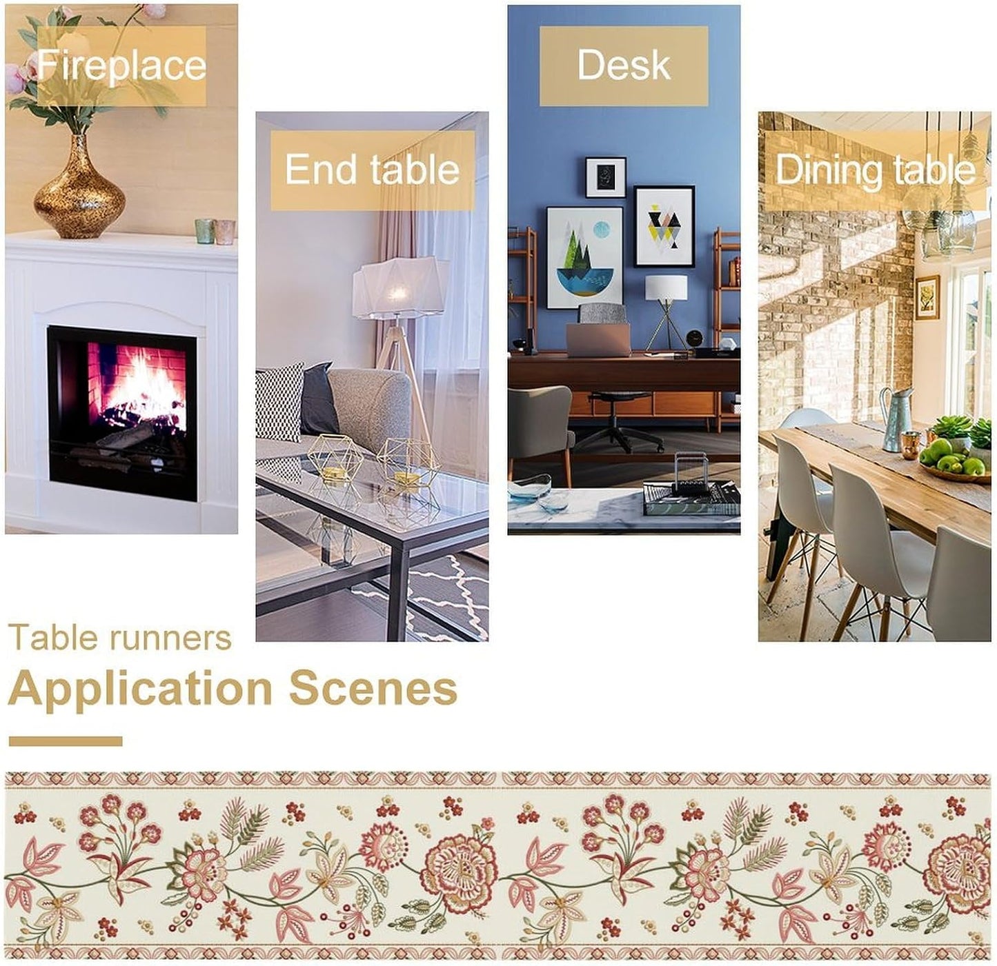Rustic Floral Table Runner, Ethnic Style Leaf Floral Art Design Patterns Printed Linen Table Runner for Home Kitchen