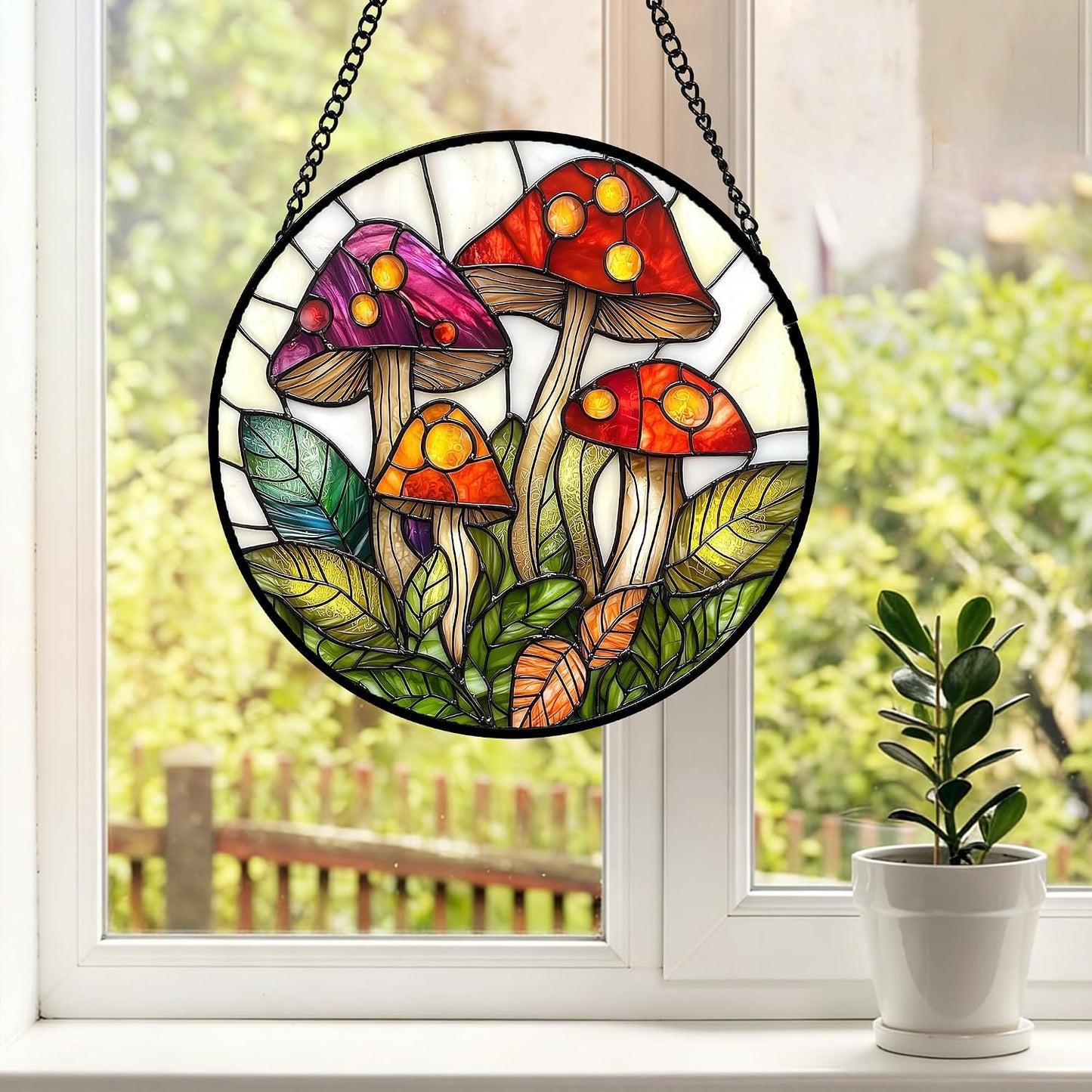 Stained Glass Window Hanging / Red and White / 11.8 x 11.8