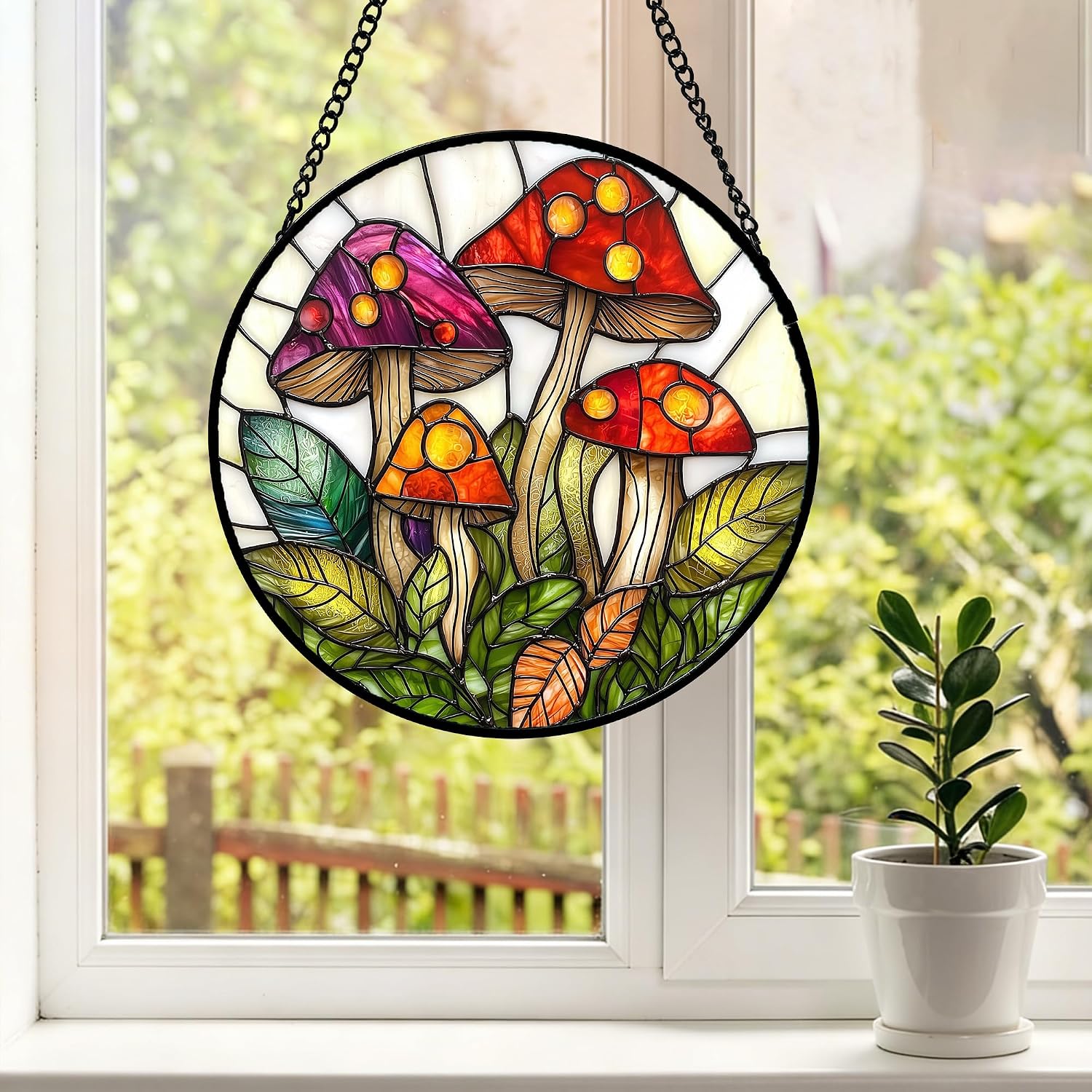 Stained Glass Window Hanging / Red and White / 11.8 x 11.8