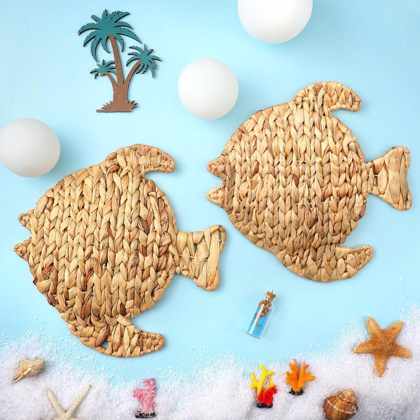 Wicker Fish Wall Decor Coastal Fish Hanging Sea Decors Handmade Wicker Beach / 12.6 Inch / Set of 4