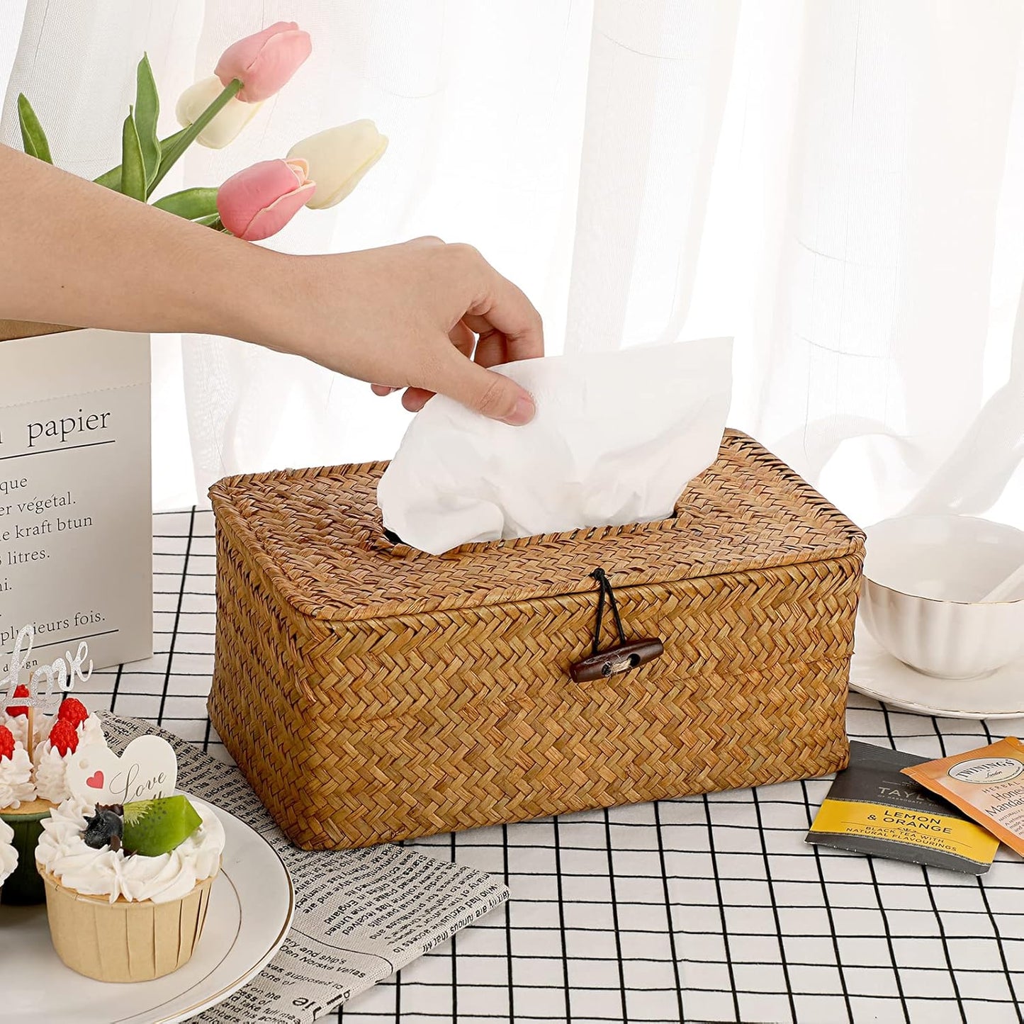 Tissue Box Cover Rectangle Tissue Box Seagrass Tissue Box Holder Woven Tissue / Caramel / Medium