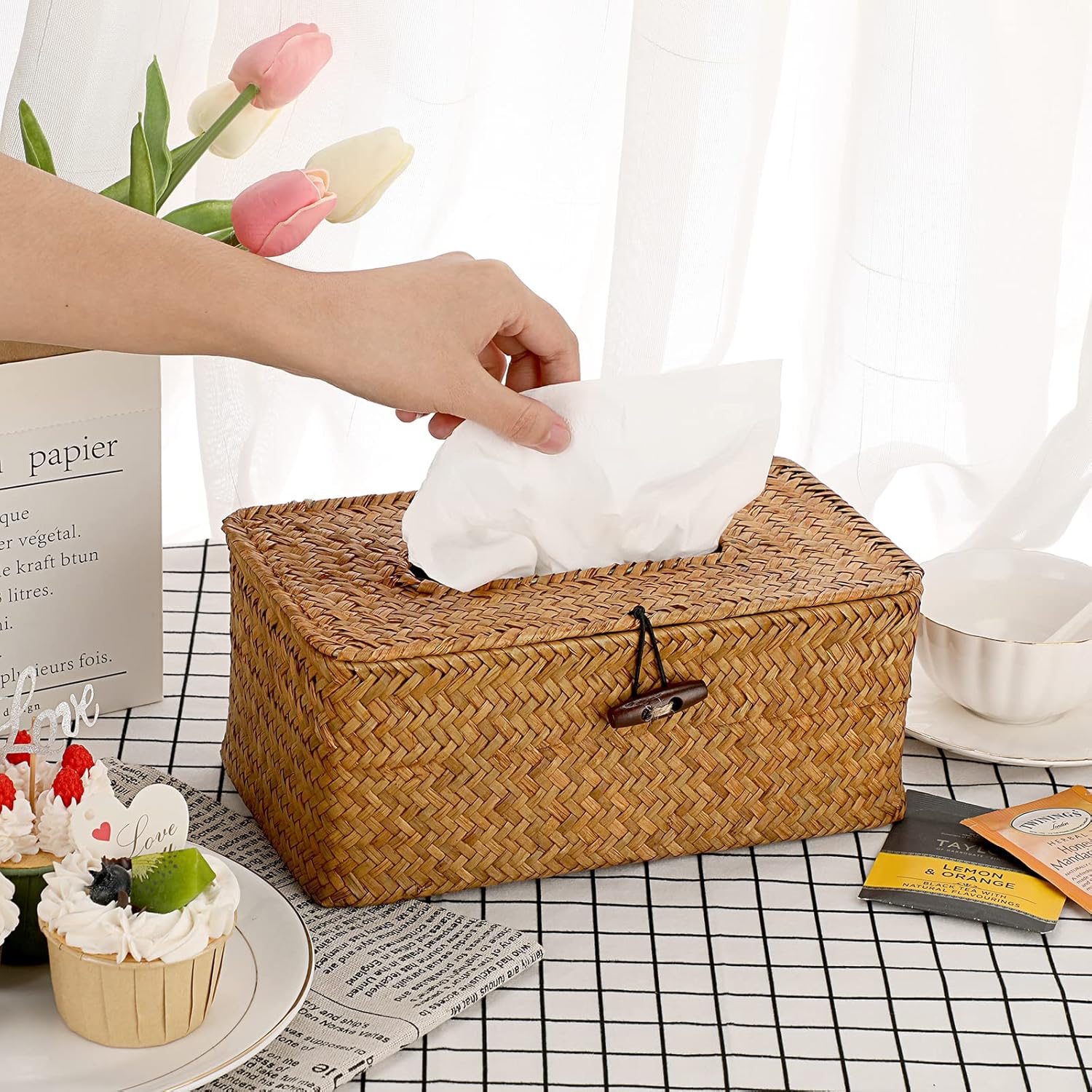 Tissue Box Cover Rectangle Tissue Box Seagrass Tissue Box Holder Woven Tissue / Caramel / Medium