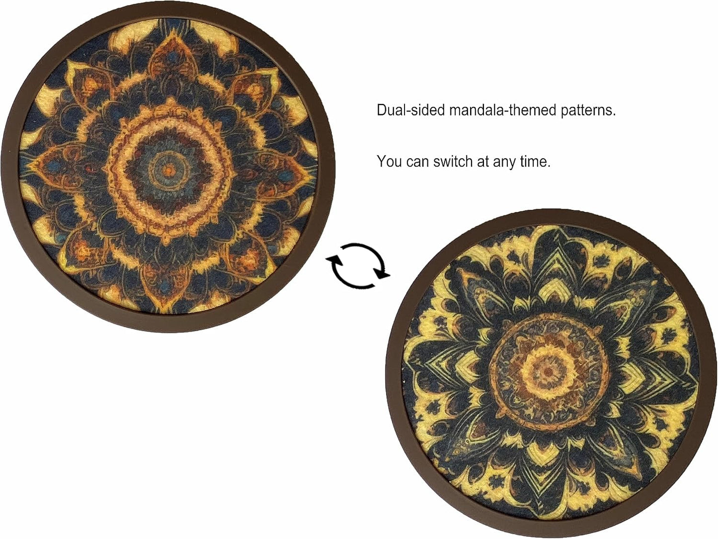 Holder / 4.3 Inch Coasters with 4.5 Inch Holder / Dual-sided Mandala-themed Patterns / 4.3 Inch