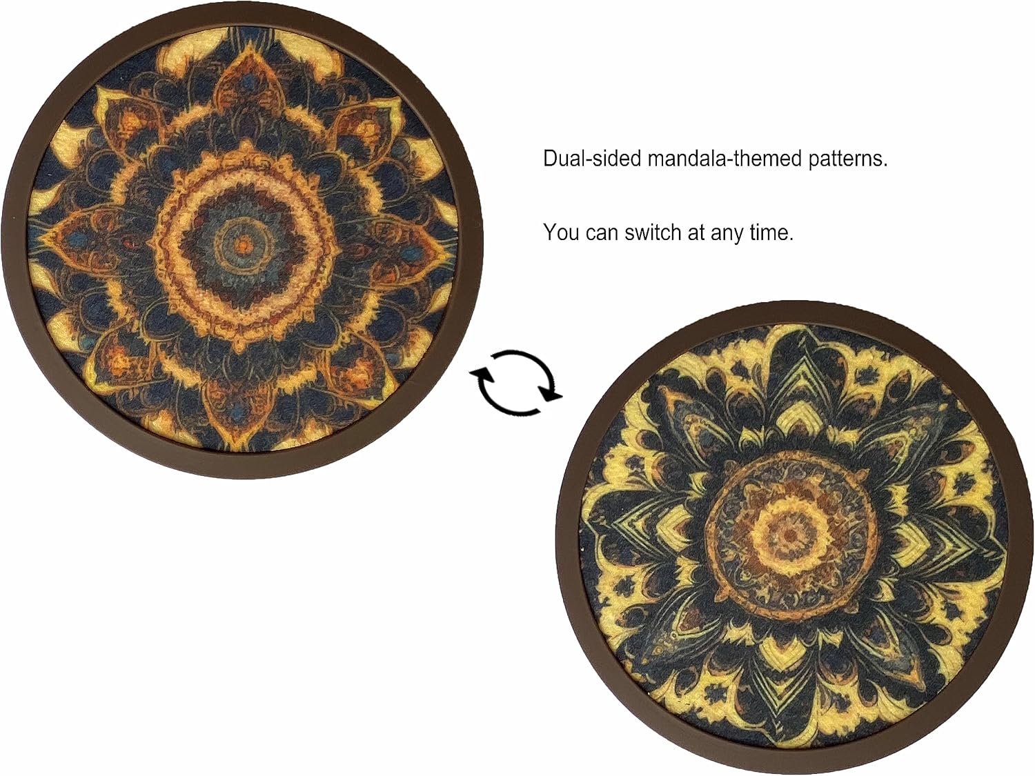 Holder / 4.3 Inch Coasters with 4.5 Inch Holder / Dual-sided Mandala-themed Patterns / 4.3 Inch