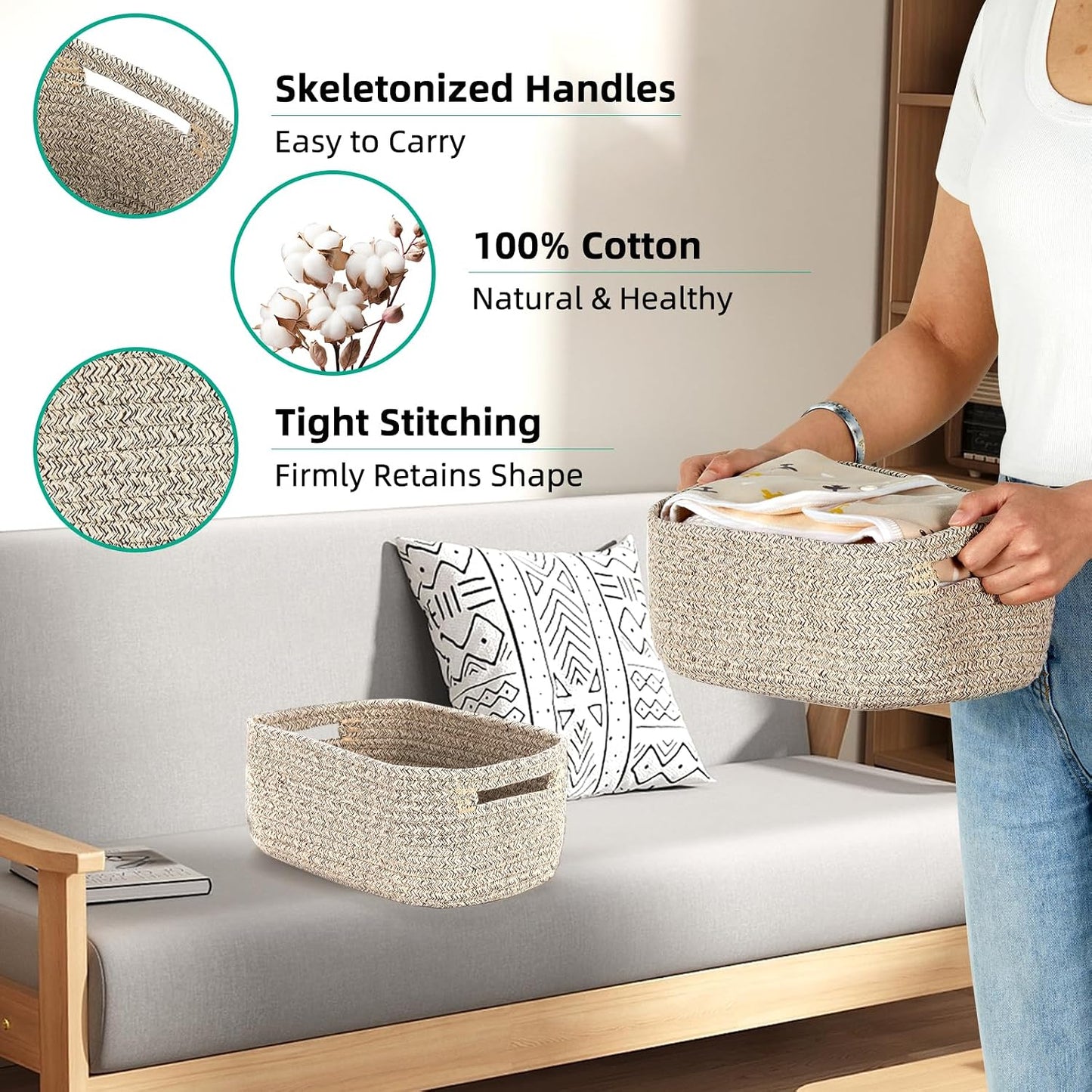 Small Cotton Rope Storage Baskets for Organizing Woven Baskets / 11.8 x 7.8 x 5 / Tan / Set of 3