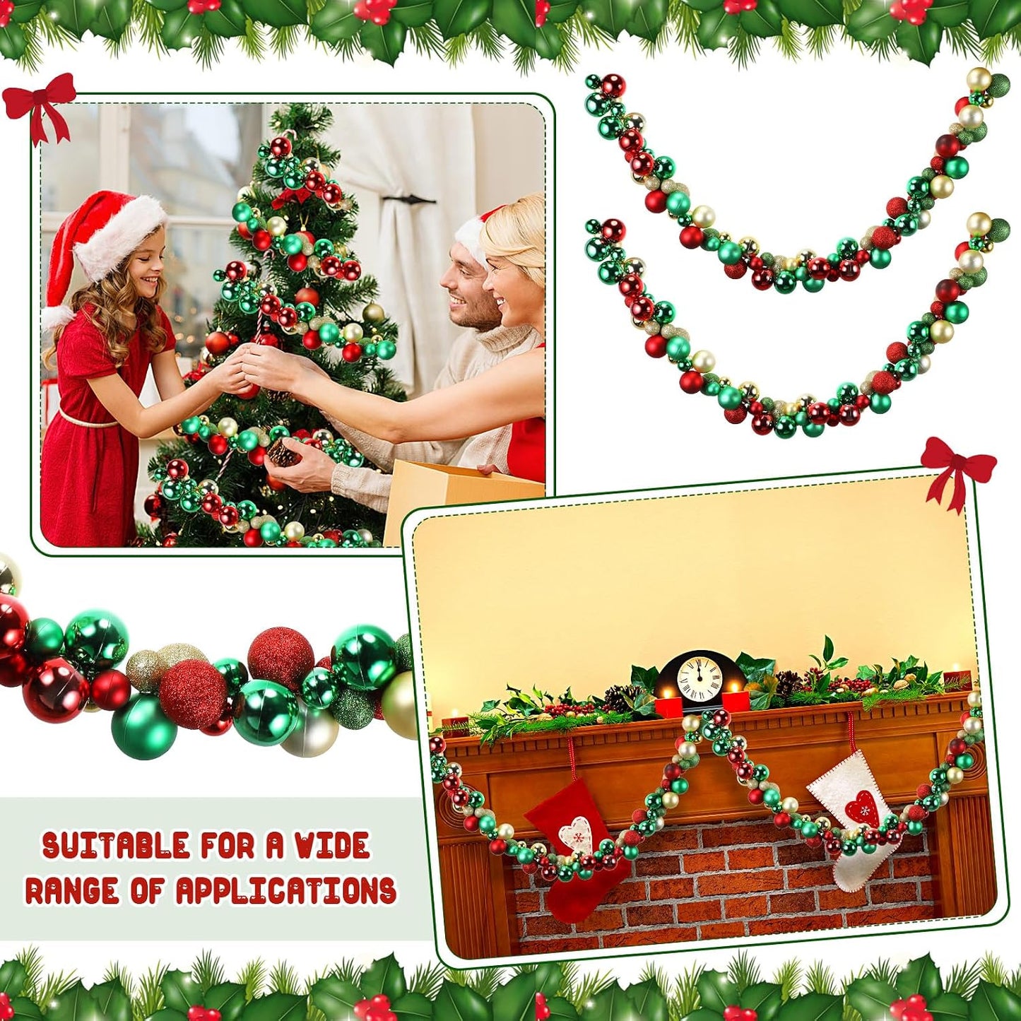 Hiboom 2 Pcs 6 Feet Christmas Ball Garland Ornaments Indoor Outdoor Garland Xmas Decorative Hanging Ornaments for
