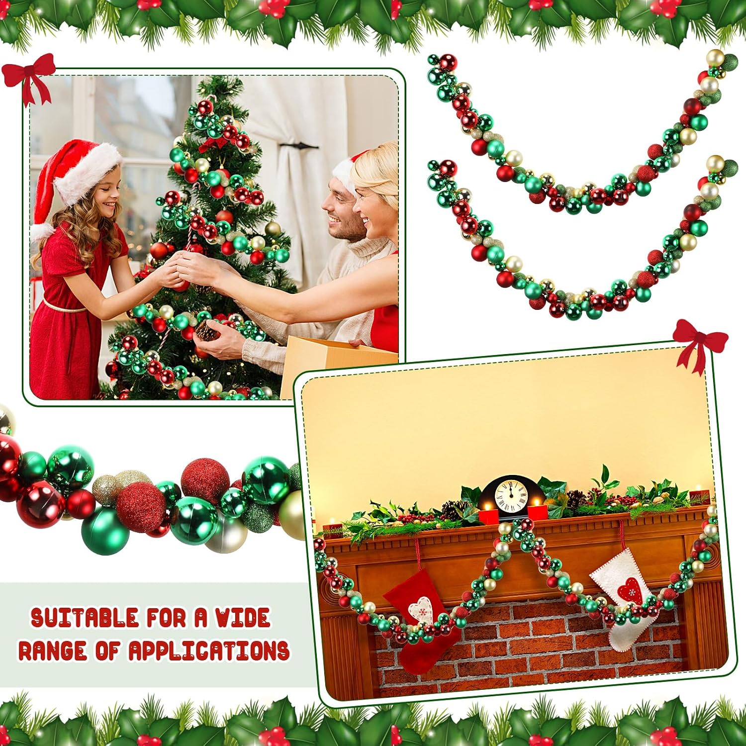 Hiboom 2 Pcs 6 Feet Christmas Ball Garland Ornaments Indoor Outdoor Garland Xmas Decorative Hanging Ornaments for