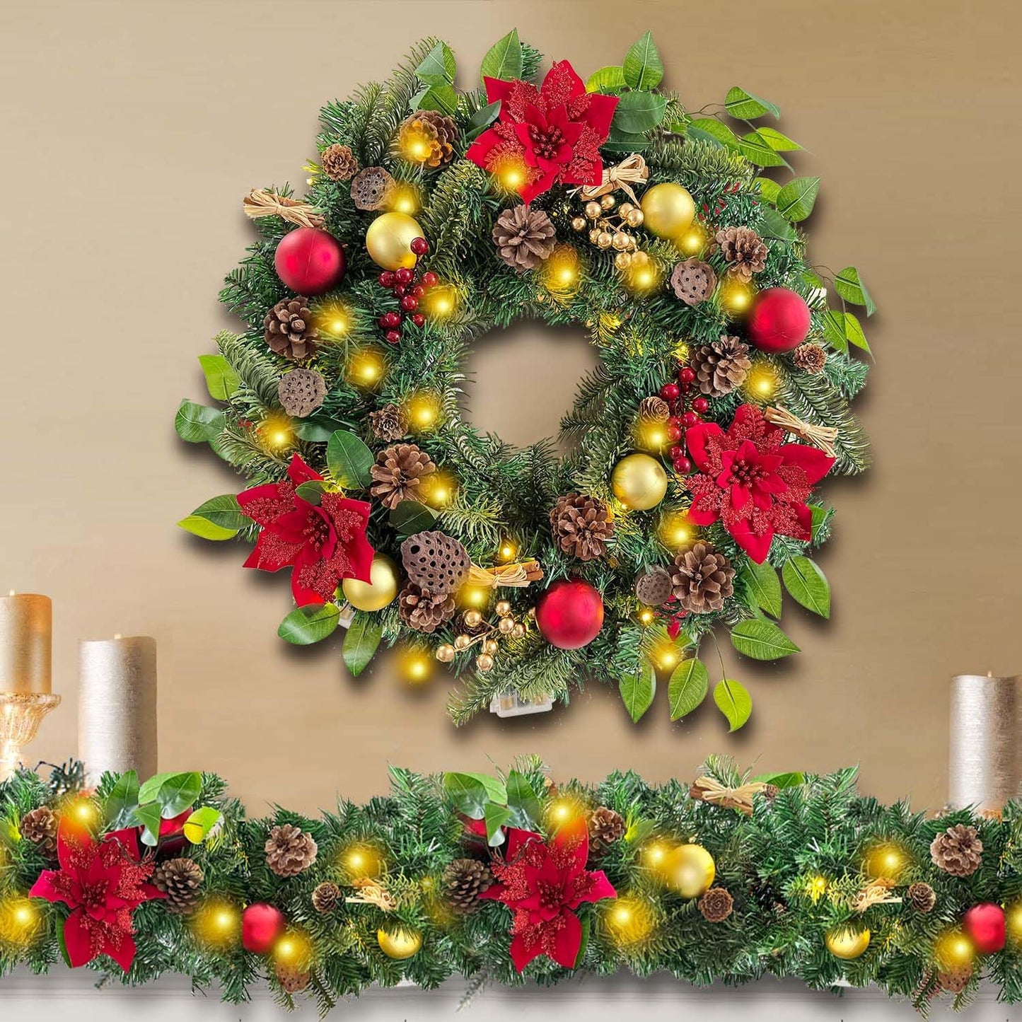 WANNA-CUL Pre-Lit 6ft Red Gold Christmas Garland with 30 LED Timer Lights | Luxury Lighted Garland for Mantel with