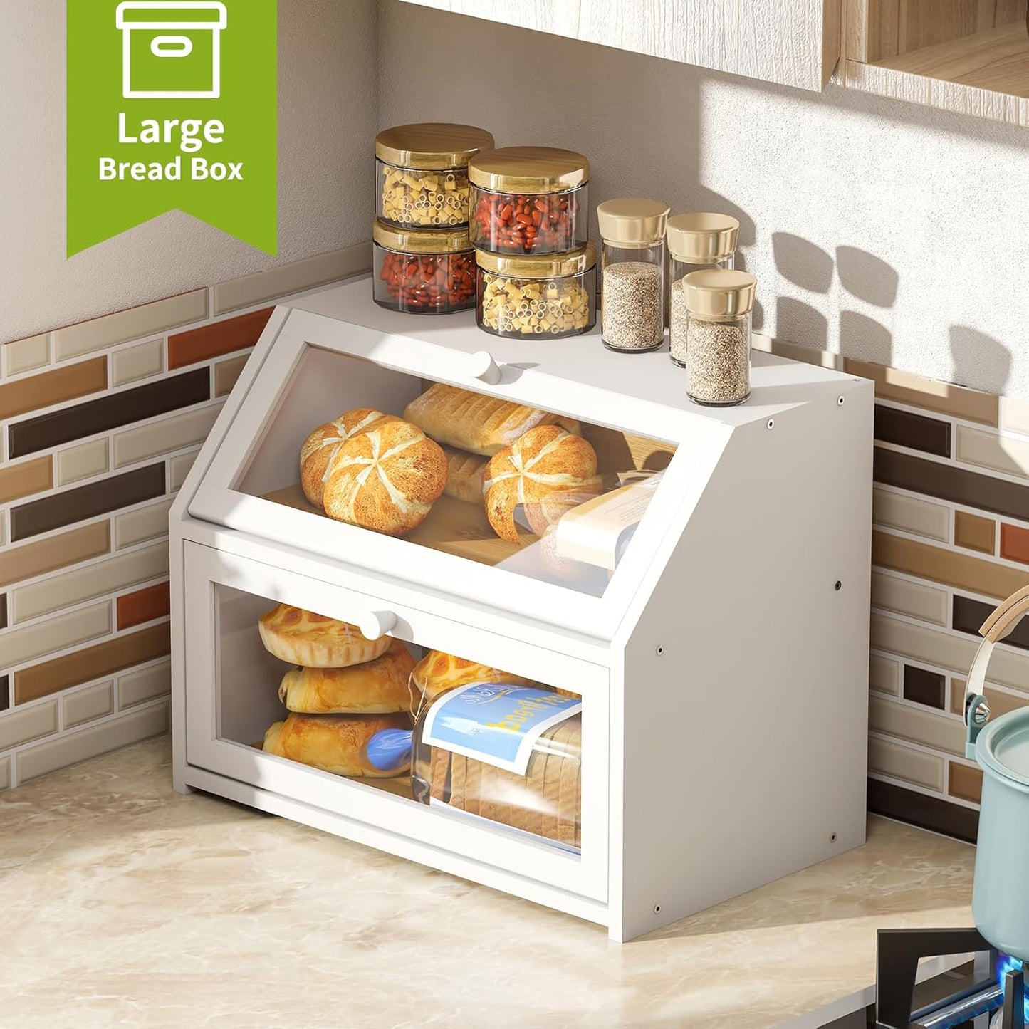 BMOSU Farmhouse Bread Box for Kitchen Countertop Bread box Double Layer Bamboo Wooden Extra Large Capacity Bin Kitchen