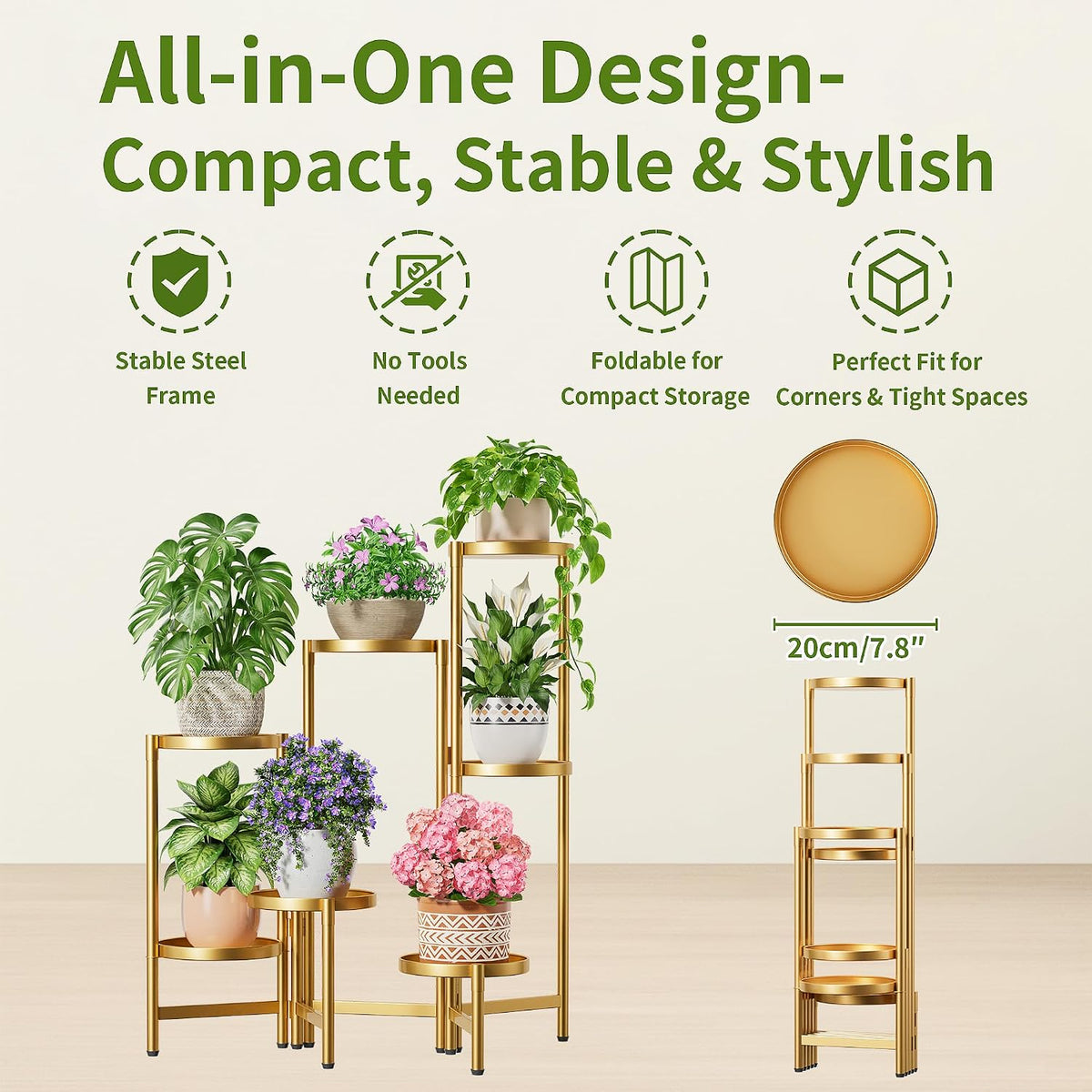 Stand Plants Gold, 7 Tiered Corner Plant Stand Indoor Outdoor, Tall Folding Rack with Rust Proof 7.9 Inch Wide Tray