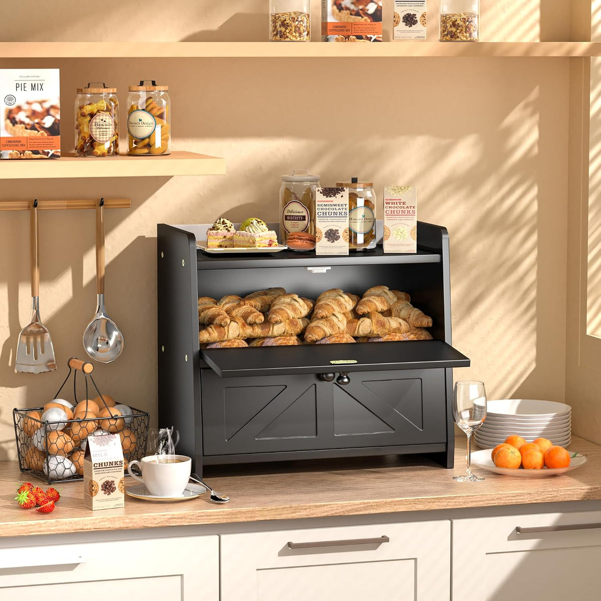 Bread Box for Kitchen Countertop, Double Layer Wooden Breadbox, Large Capacity Bread Storage Bin, Homemade Bread