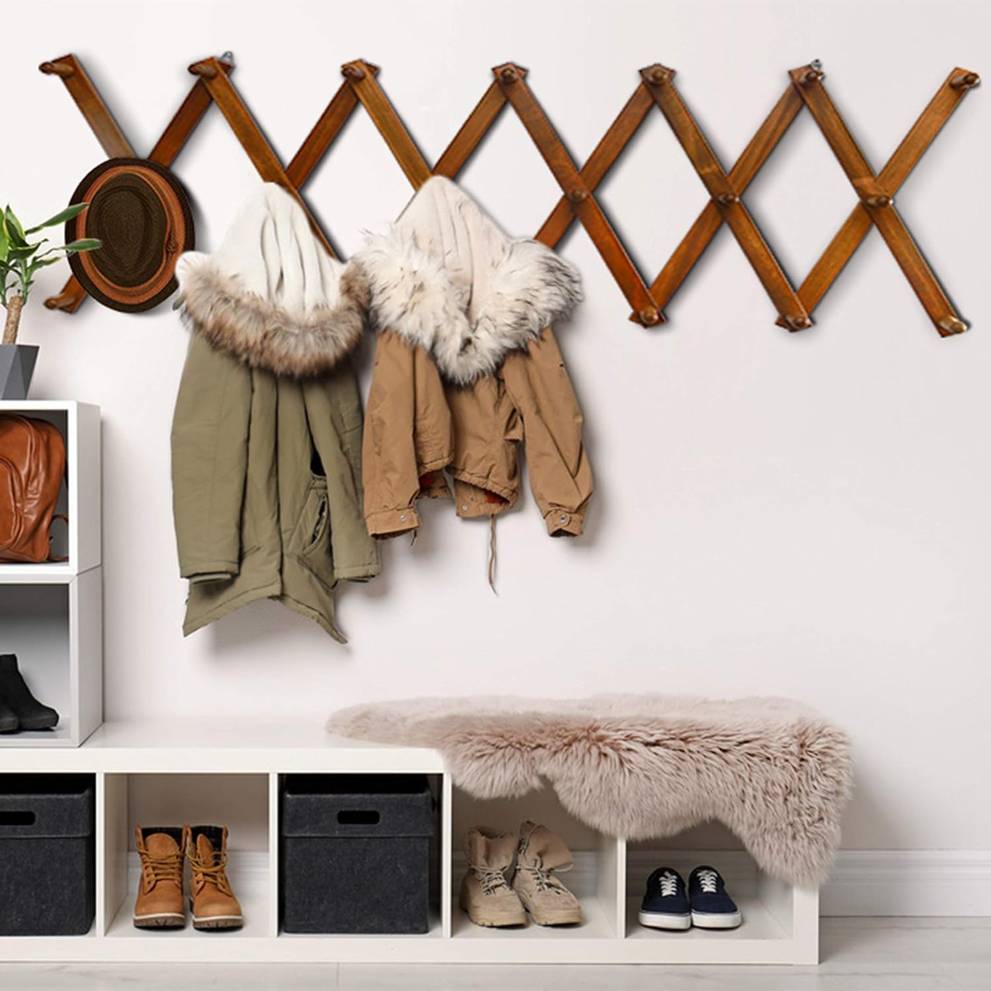 Accordian Wall Hanger: 16” High Wooden Wall Expandable Coat Rack, Hat Rack Holder, Accordion Hook for Baseball Caps