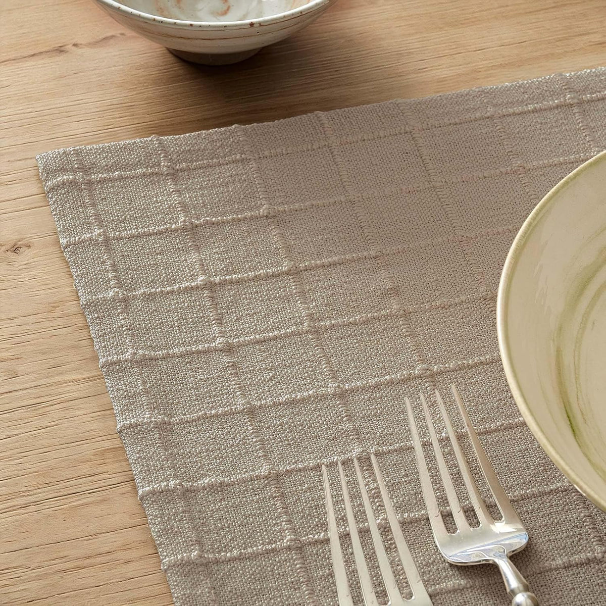 Artisanal Grid Decorative Linen Placemats Set of 6, Oatmeal | Thick Heavy Textured Washed Linen Place Mats 13×19in