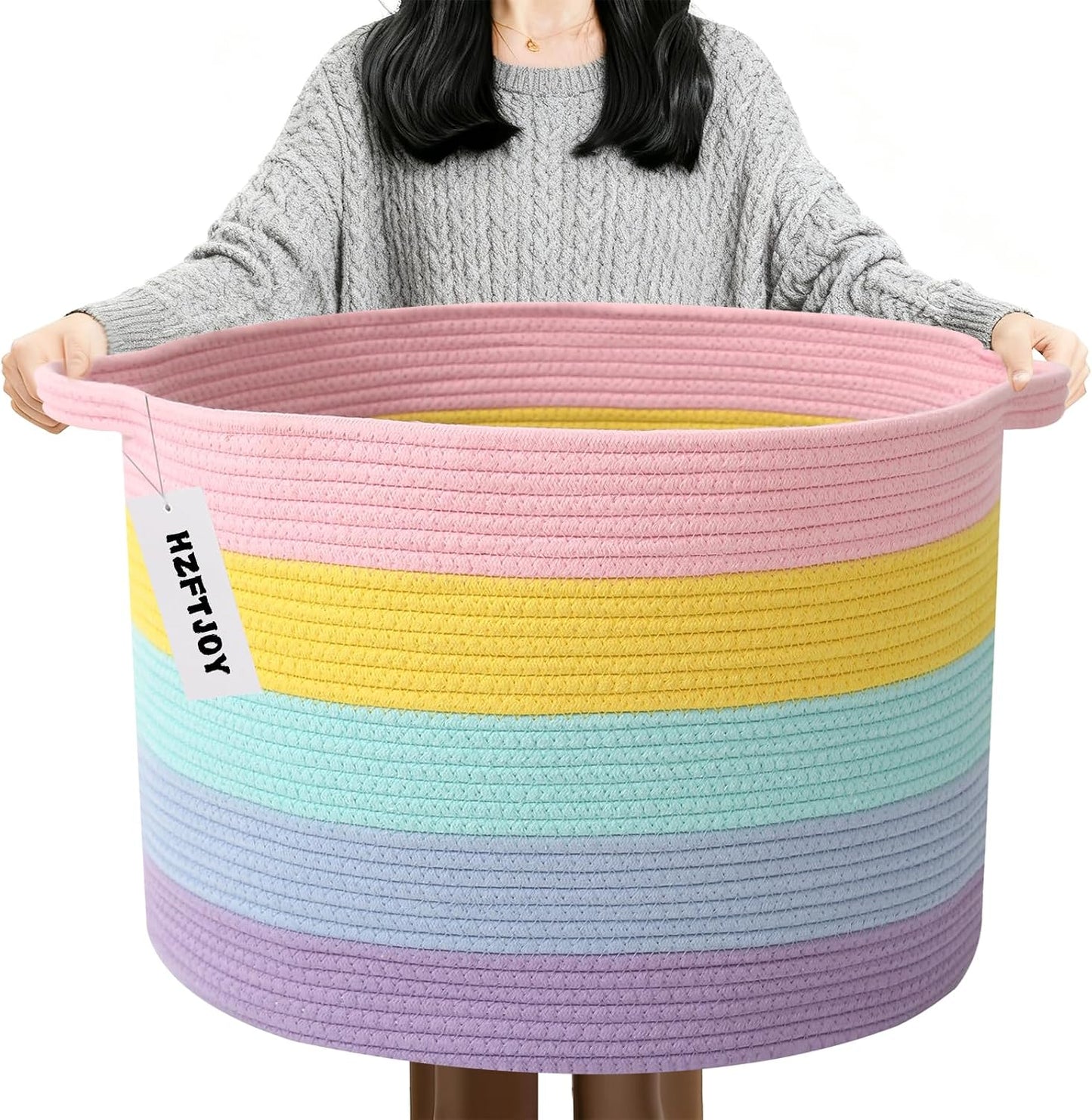 90L Large Blanket Basket,Rope Woven Laundry Basket-Colorful