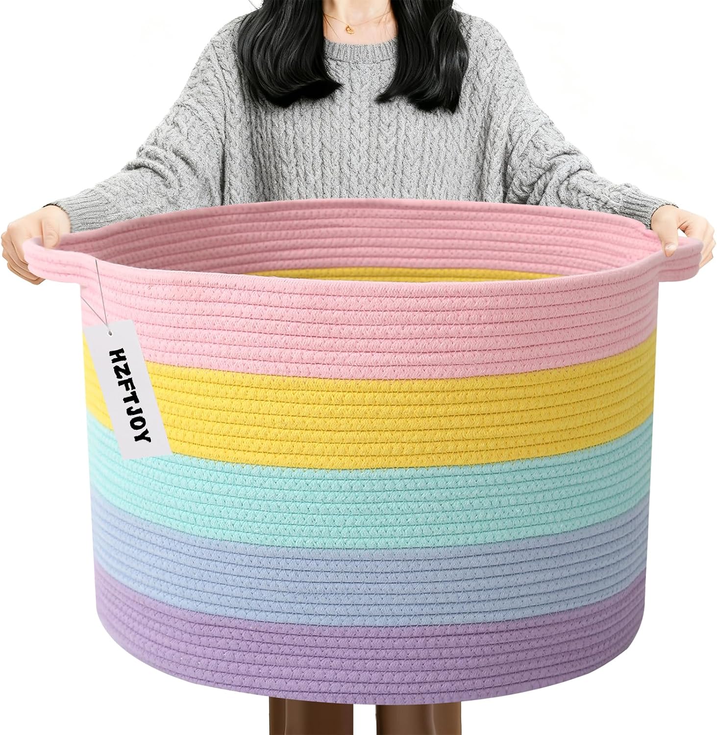 90L Large Blanket Basket,Rope Woven Laundry Basket-Colorful