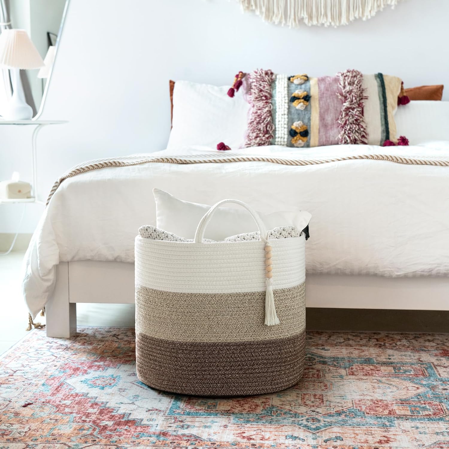 Woven Storage Basket Decorative Natural Rope Basket Wooden Bead / Gradient Brown / 16" W x 13.8"L