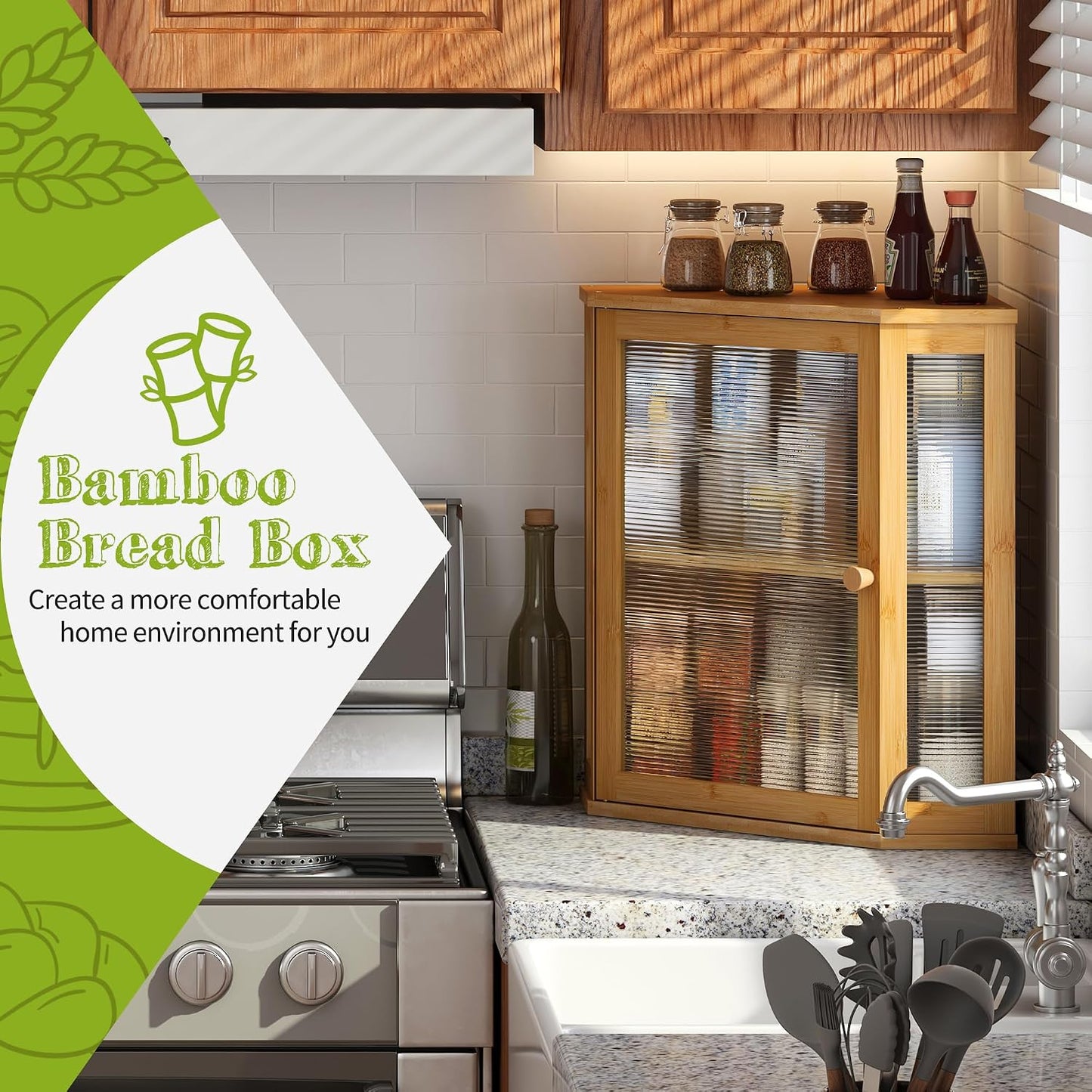 BMOSU Corner Bread Box for Kitchen Countertop Double Layer Bamboo Wooden Bread box Large Capacity Bread Storage