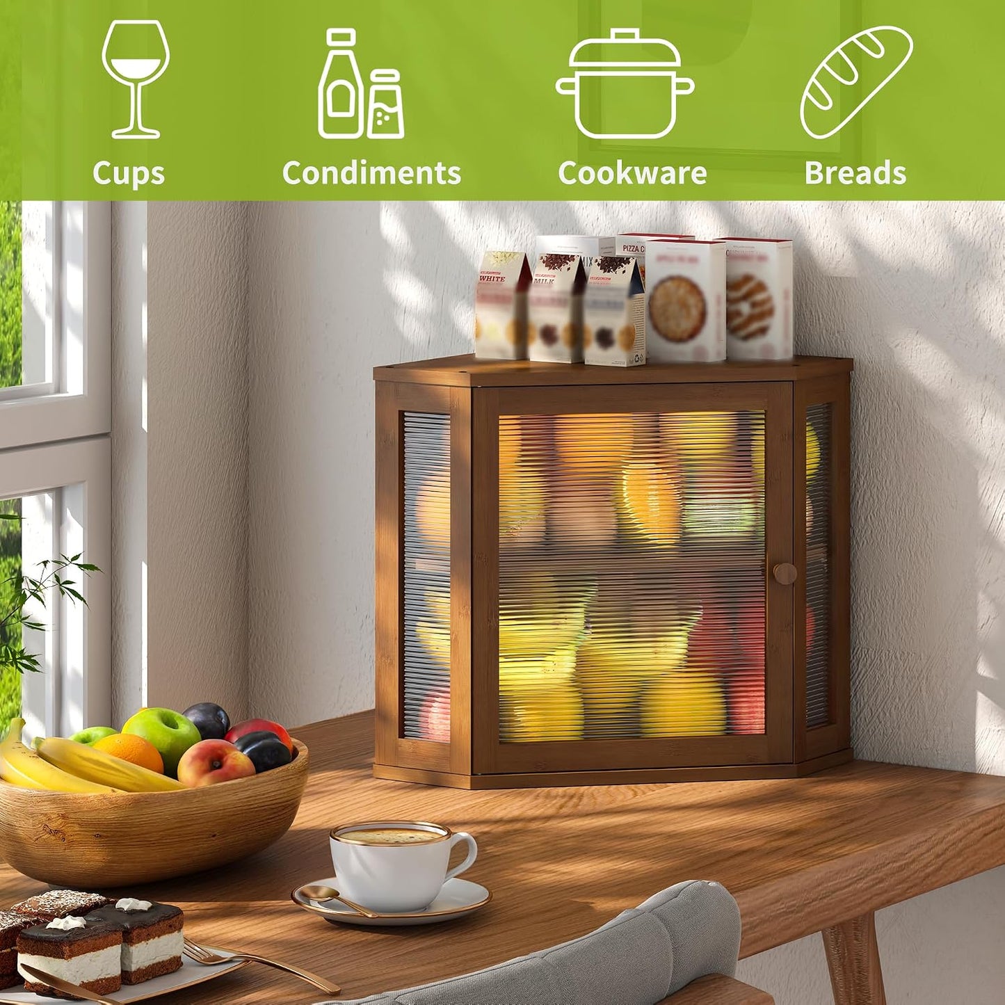 BMOSU Corner Bread Box for Kitchen Countertop Double Layer Bamboo Wooden Bread box Large Capacity Bread Storage