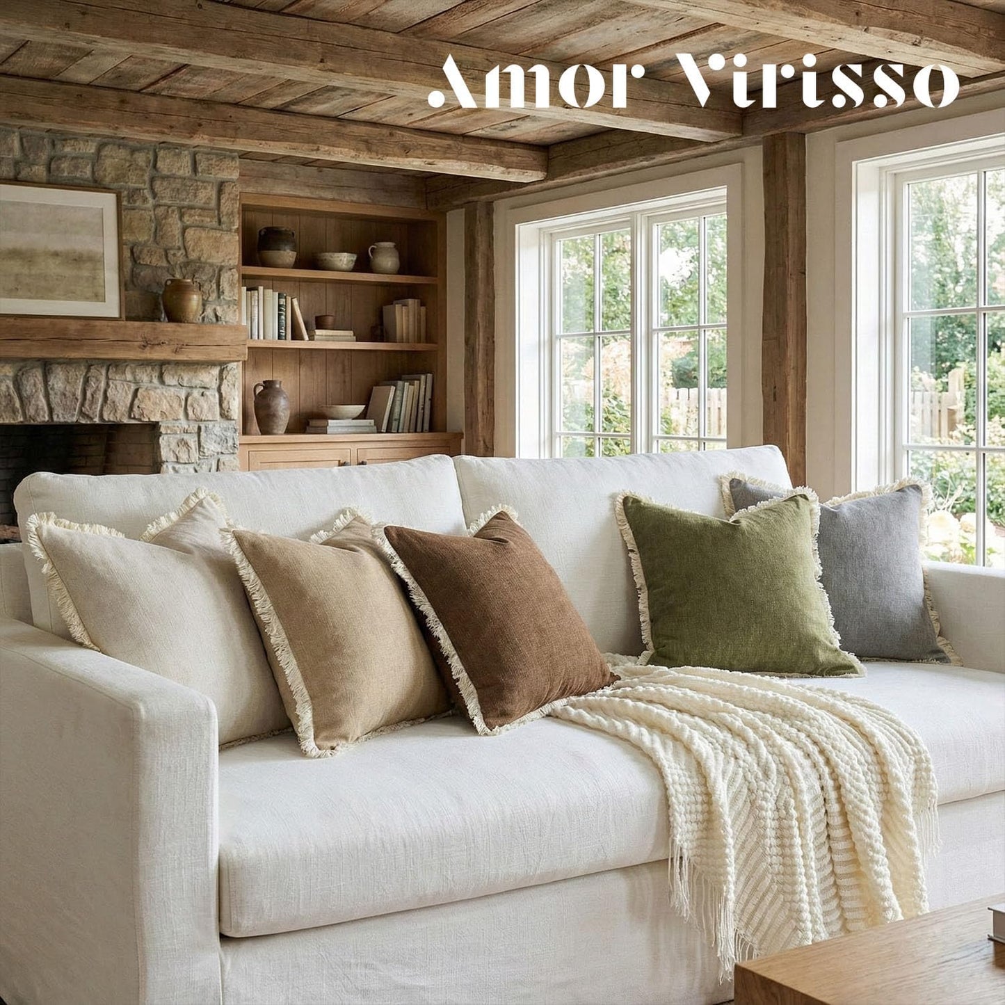 Fringe Throw Pillow Covers Boho Neutral Farmhouse Decorative Pillow / Brown / 18 x 18 / Set of 2