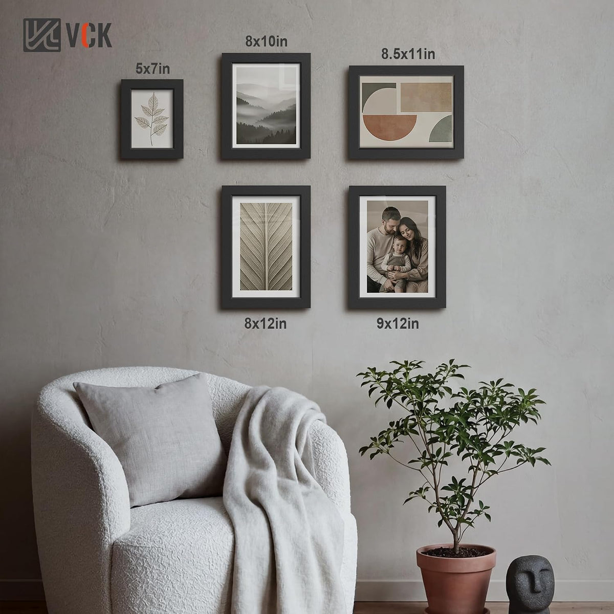 VCK 5x7 Picture Frame Black 4 Pack, Wide Thick Wood Border, for Photos | Exclusive Woodgrain, Wall/Tabletop, HD
