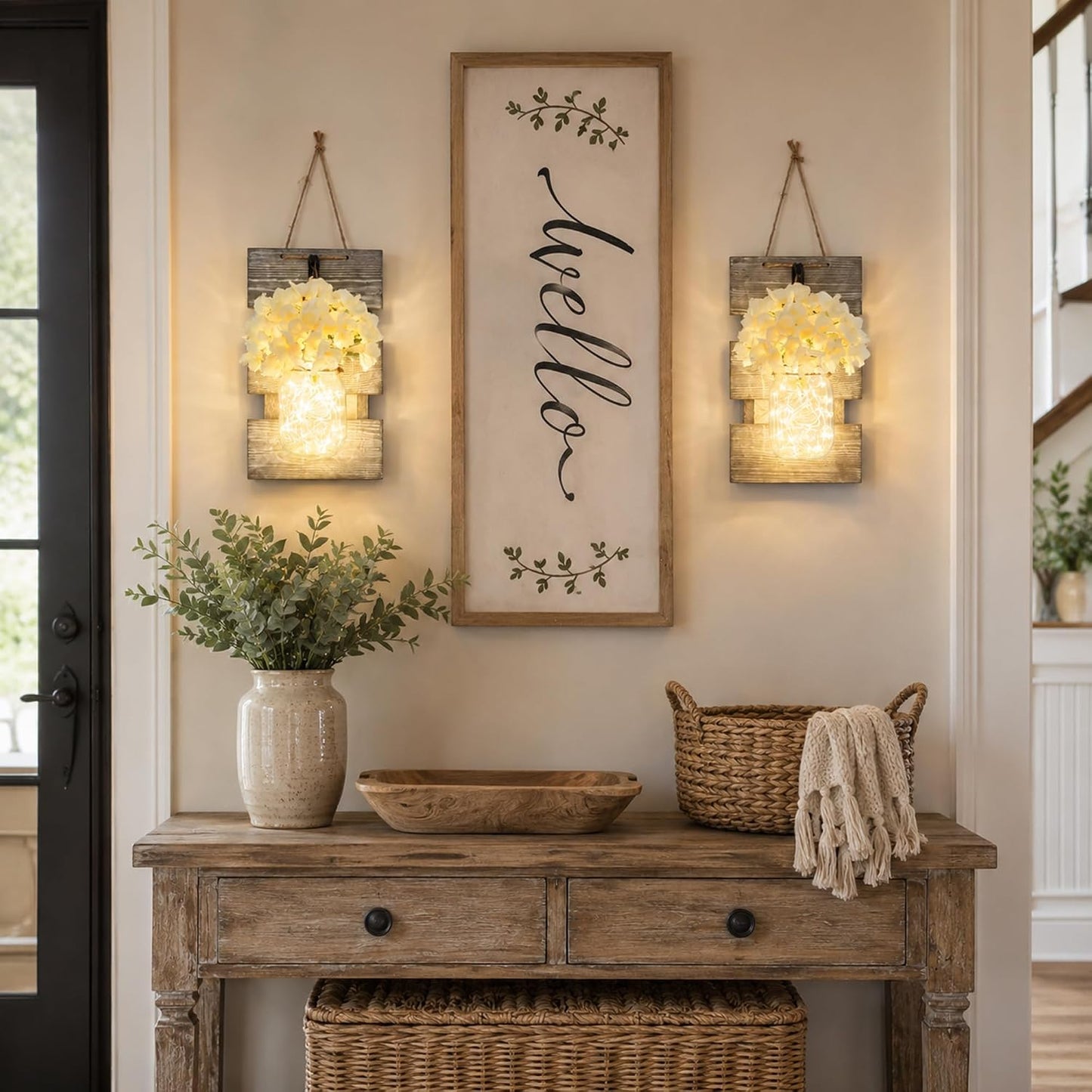 Farmhouse Wall Sconces / 11.8"H Grey + Hydrangea / Set of 2