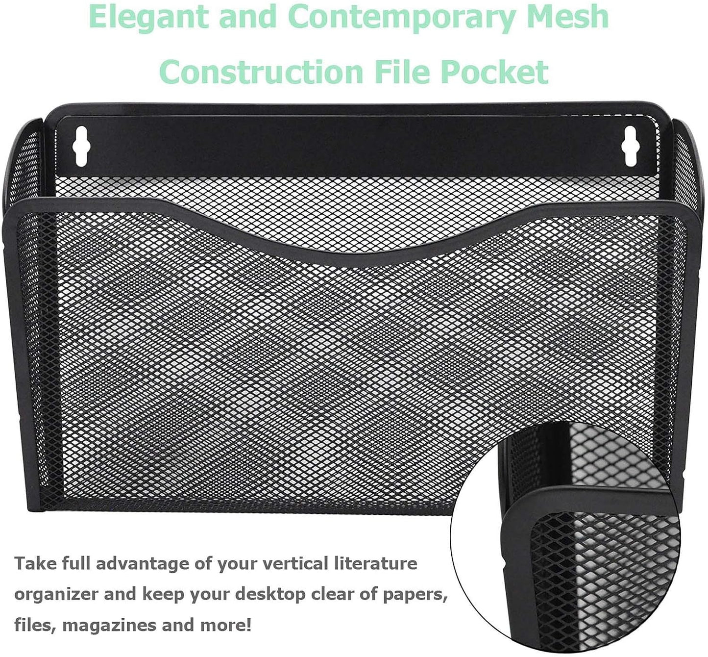 6 Single Pocket Mesh Hanging File Organizer, Vertical Wall Mounted Magazine File Holder, Mount Basket Mail Paper