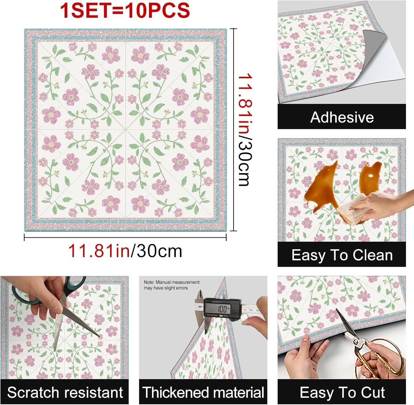 Light Green Leaves Floor Tiles Peel and Stick Removable / 12 x 12 / Pink Vine Flowers / Set of 10
