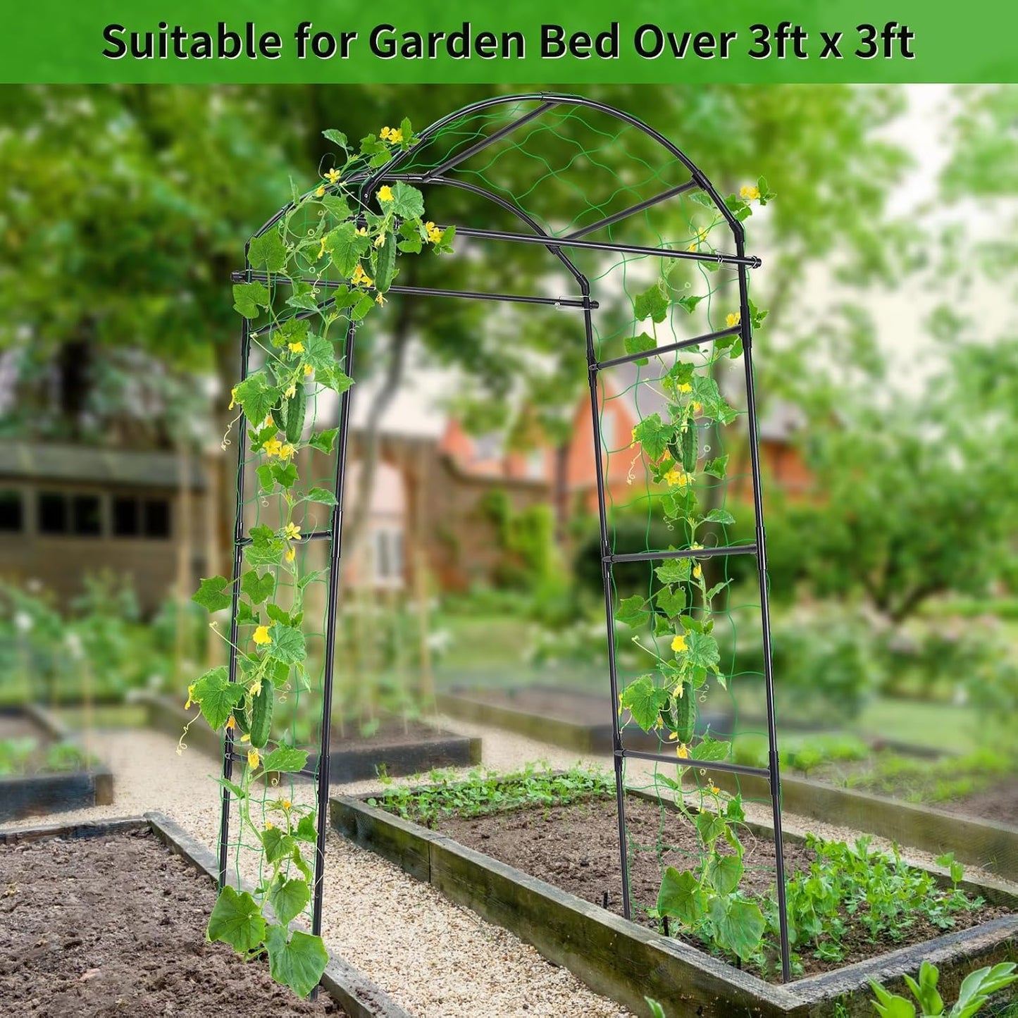 FOLLOOK 6.7FT Garden Arch Trellis for Climbing Plants Outdoor, Black | Metal Cucumber Trellis for Raised Beds with