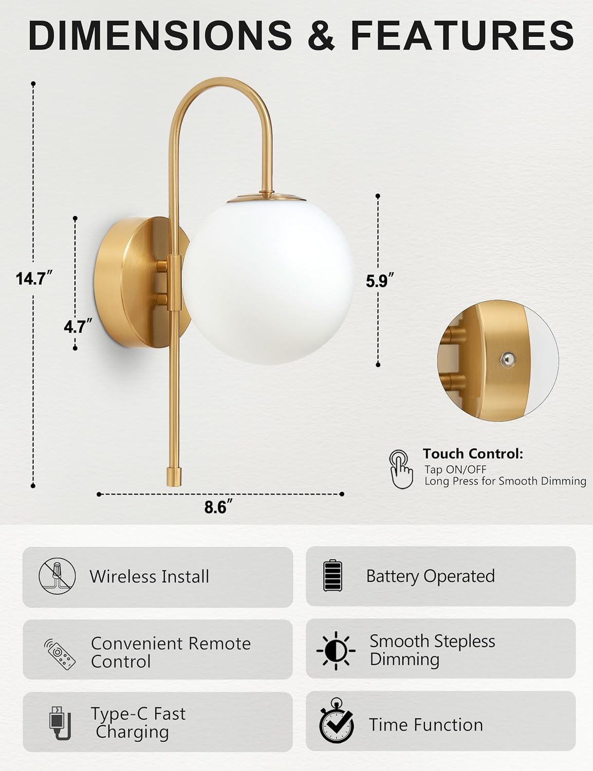 Battery Operated Gooseneck Wall Sconces, Brushed Gold Globe Glass Set of 2