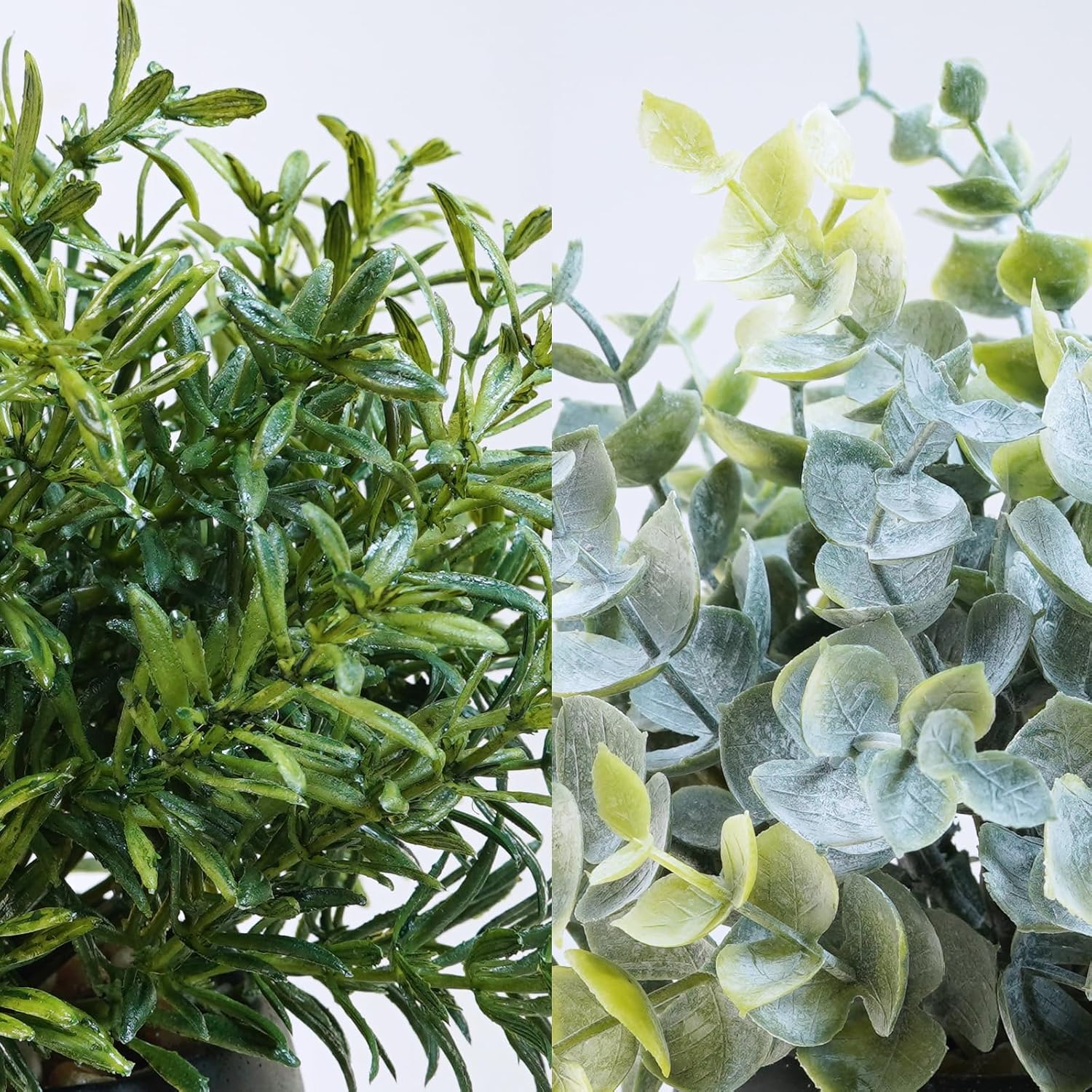 Small Potted Faux Plants 8" Artificial Eucalyptus Rosemary Boxwood Plants / Black Pots / Set of 3